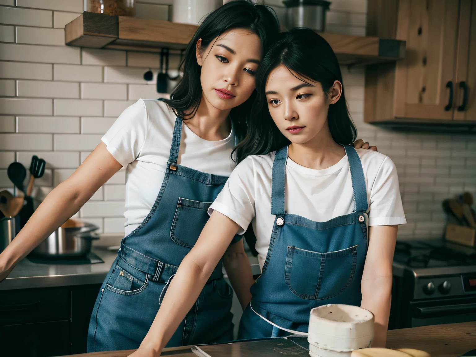 2 women,tee shirt,denim pant,aprons,at the kitchen,In washing dishes,sface focus