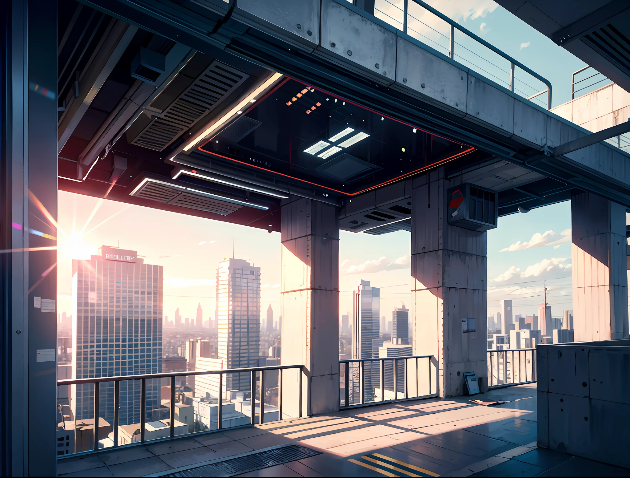 Vista aerea de uma quarto cidade grande e futurista em um dia ensolarado, Apartmentos altos e brilhantes sci-fi NEO - Noir Setup, Situated in a metropolis, matte painting neon cinematic matte painting, sunny streets with green plants and tall bridges on the great walls of skyscrapers, O apartamento sci-fi da Cidade grande de dia e com muito movimento nas ruas de pessoas robos e carros voadores, Como uma cena de Blade Runner de dia, dia ade céu azul Aesthetics of fiction variations of blue skies and days with many buildings and streets bridges and high viaducts add ultra realism in the matte ´painting