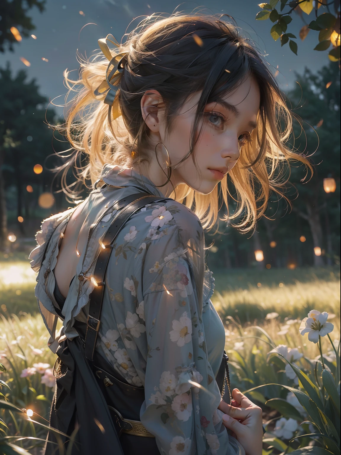 bit girl，There are large tracts of fireflies，Summer is coming to an end，On the lawn，evening light，Skysky，Faraway view，Hand detail，detail in face，plethora of colors
