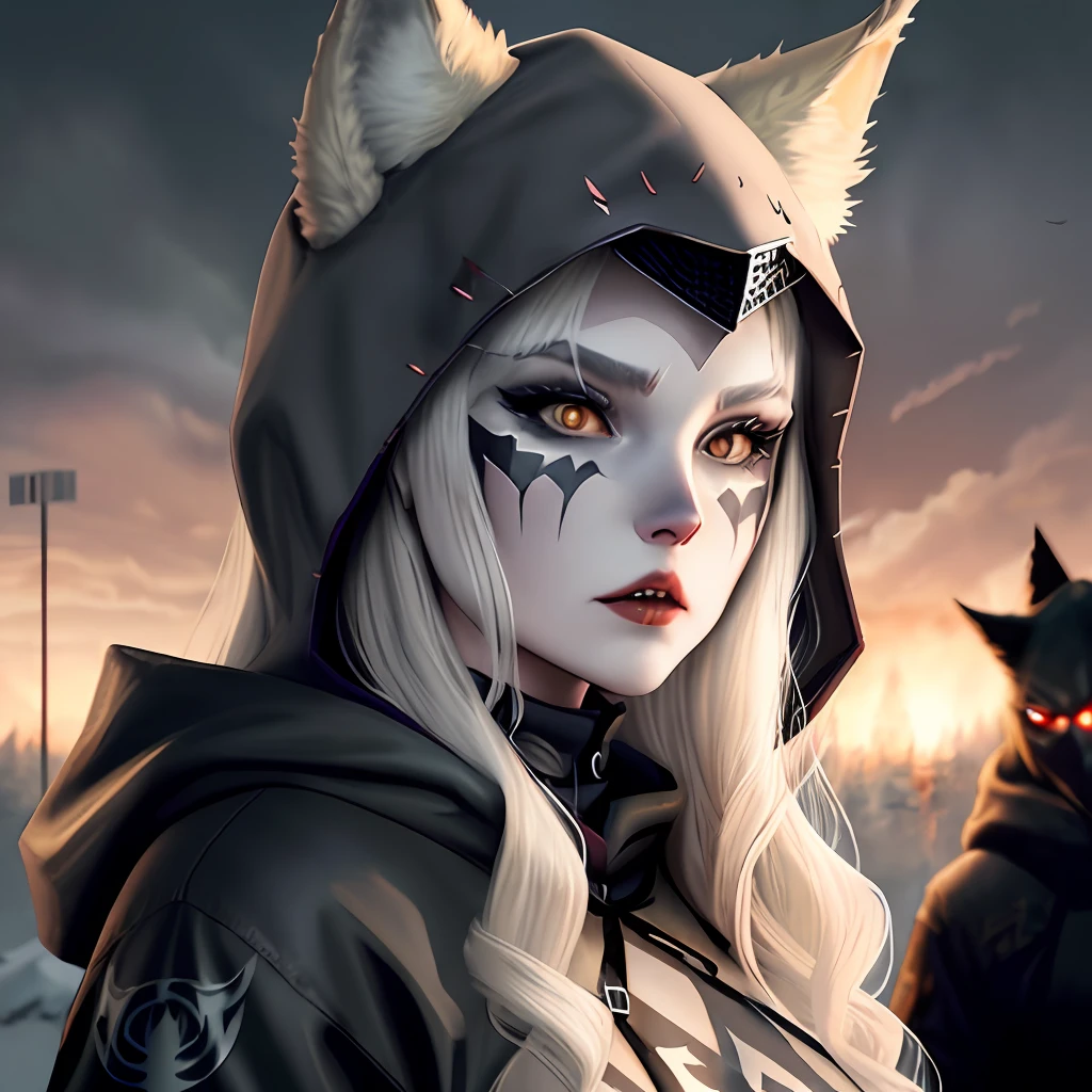 Demon woman blonde smoky pattern on face hood panic apocalypse fantasy wolf