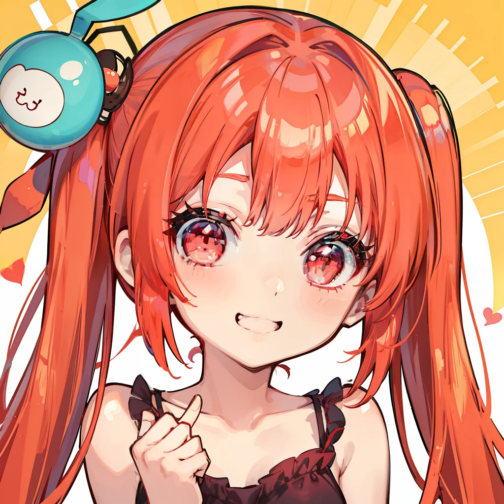 mesugaki, light smile, heart-shaped pupils, wink , aqua eyes, red hair, twintails,