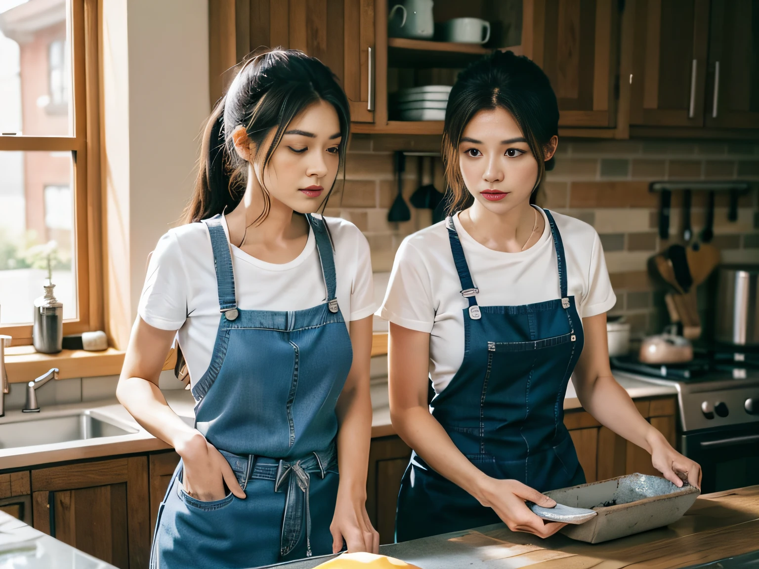 2 women,tee shirt,denim pant,aprons,at the kitchen,In washing dishes,sface focus