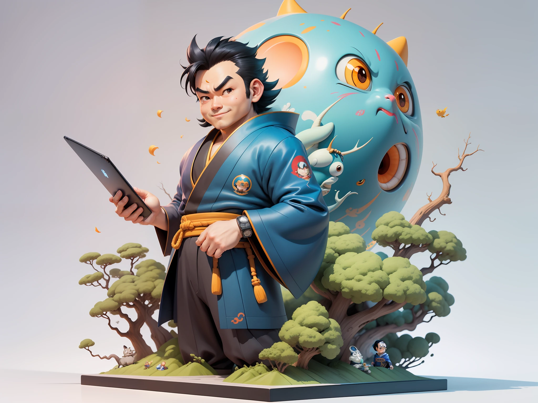(Masterpiece), (Excellent), (Super Meticulous), (Full Body: 1.2), Super Young Man, Oriental Face, Japanese Kimono, Japanese Wind Thunder God, Dragon, Tiger, TV Anchor, Bust Portrait Illustration, Alone, Black Suit, Blue Tie, Slightly Chubby Face, Very Clean Face, No Beard, Black Super Short Hair, Black Eyes, Confident Smile, 3c Computer Sub-Products, iPad, iPhone, Digital Painting, 3D Character Design by Akira Toriyama and Mark Claireden and Pixar and Hayao Miyazaki, The illustration is a high-definition illustration in 4K resolution with very detailed facial features and cartoon-style visuals.
