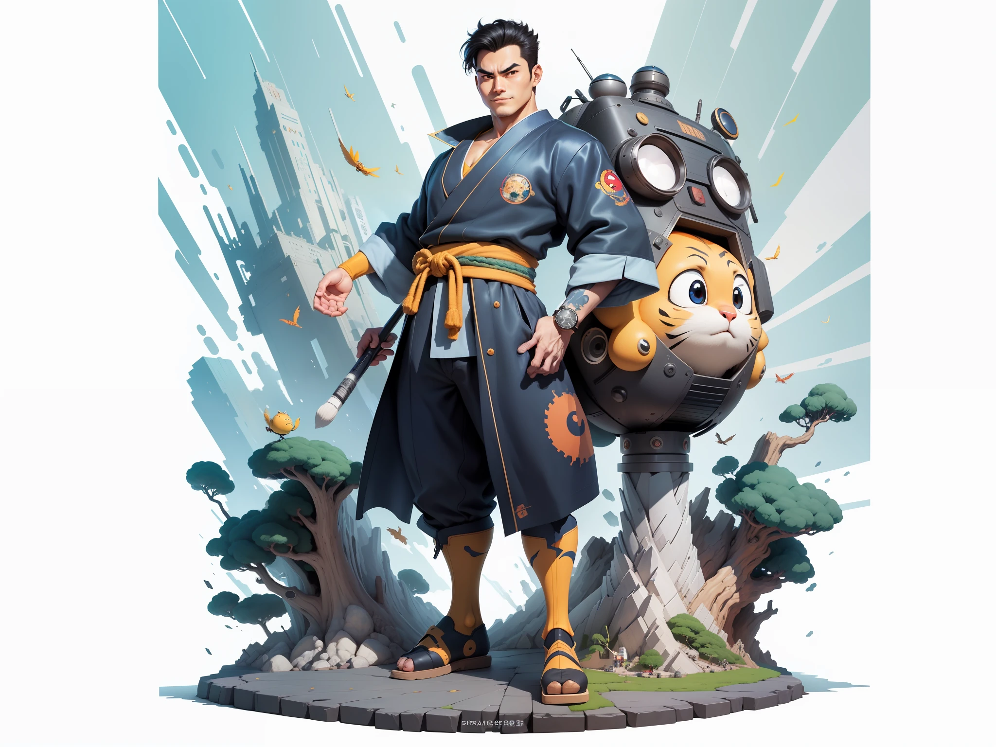 (Masterpiece), (Excellent), (Super Meticulous), (Full Body: 1.2), Super Young Man, Oriental Face, Japanese Kimono, Japanese Wind Thunder God, Dragon, Tiger, TV Anchor, Bust Portrait Illustration, Alone, Black Suit, Blue Tie, Slightly Chubby Face, Very Clean Face, No Beard, Black Super Short Hair, Black Eyes, Confident Smile, 3c Computer Sub-Products, iPad, iPhone, Digital Painting, 3D Character Design by Akira Toriyama and Mark Claireden and Pixar and Hayao Miyazaki, The illustration is a high-definition illustration in 4K resolution with very detailed facial features and cartoon-style visuals.