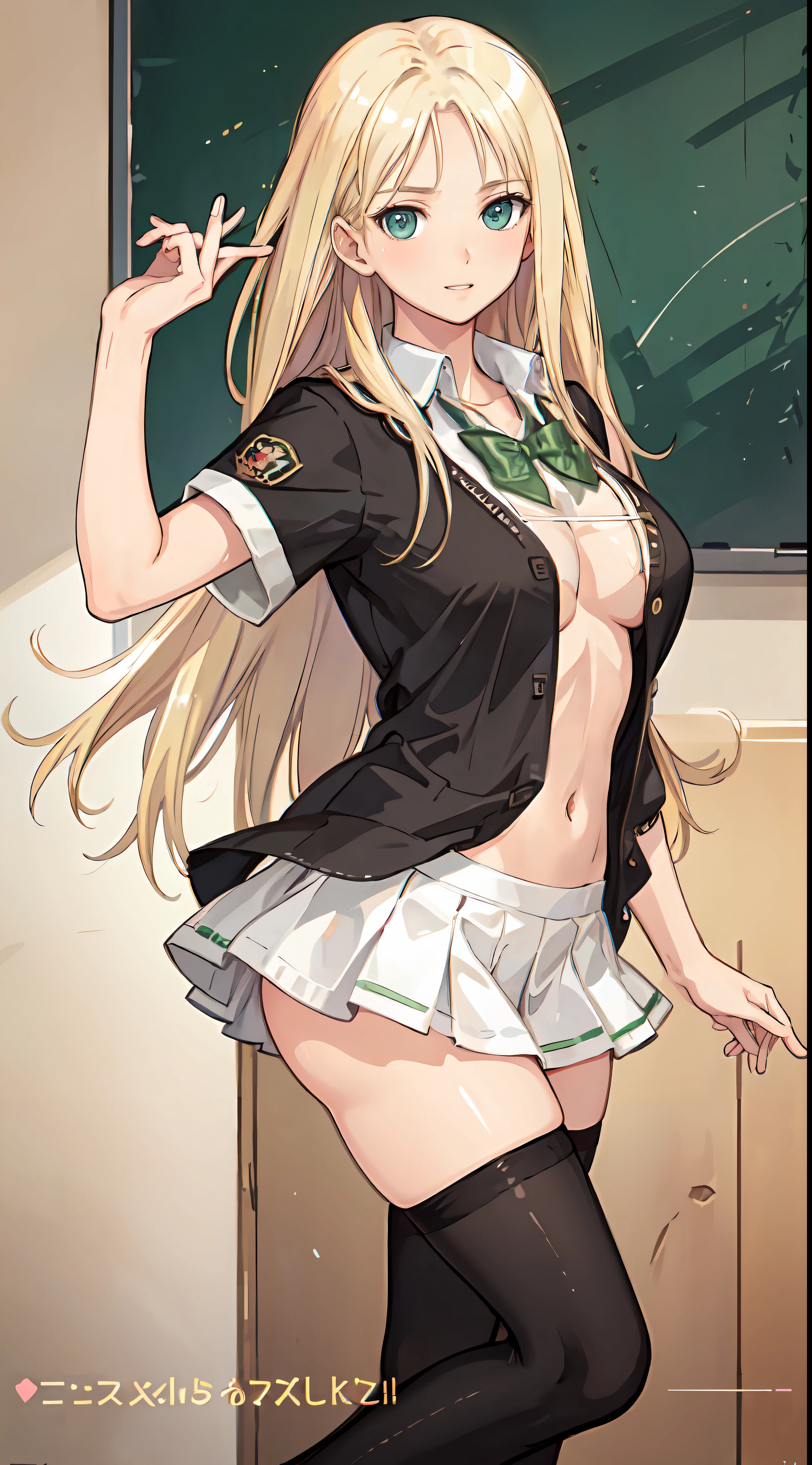 blonde hair, long hair, green eyes, happy, school uniform, short skirt, medium breast, cleavage, classroom, slim legs, navel, open clothes