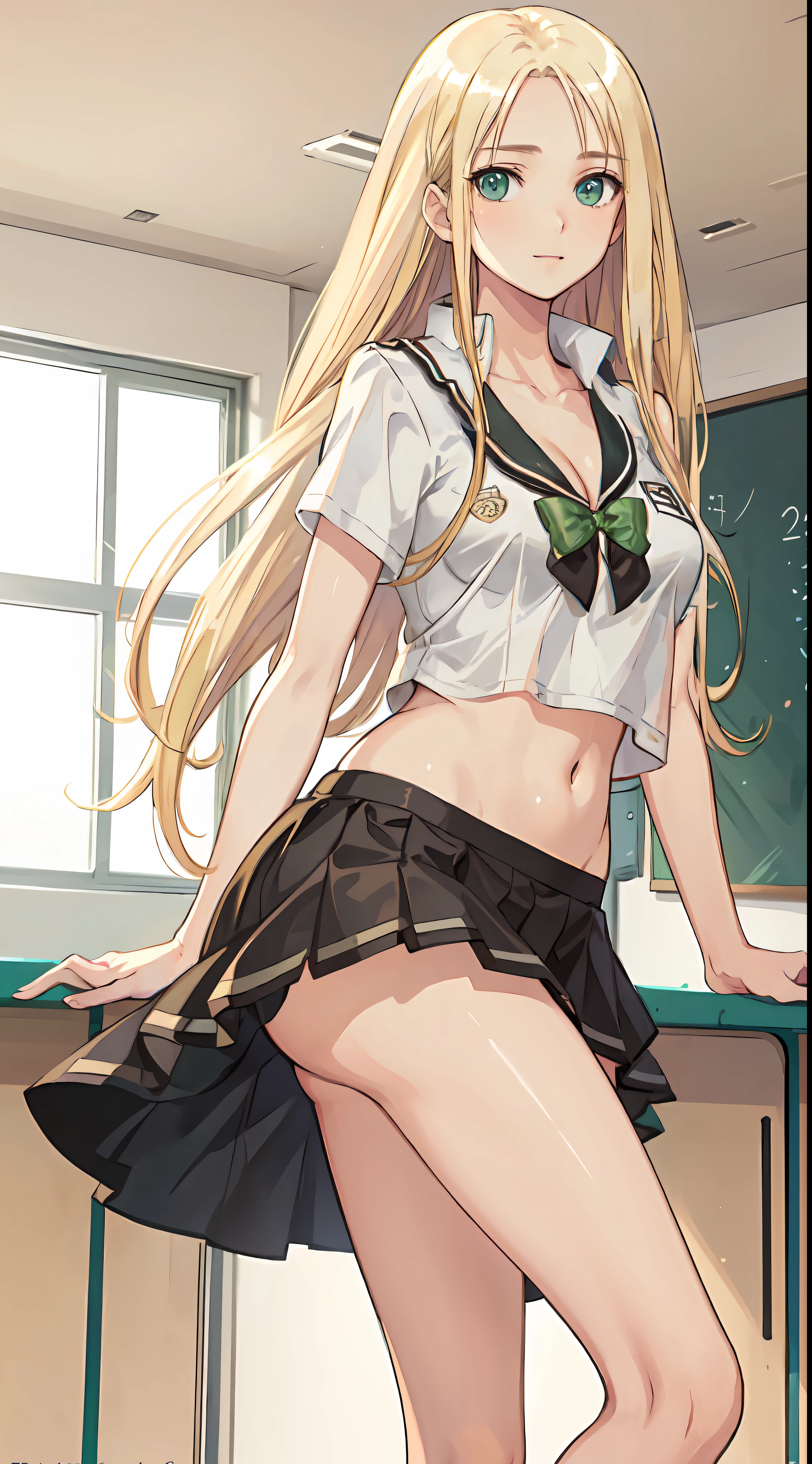 blonde hair, long hair, green eyes, happy, school uniform, short skirt, medium breast, cleavage, classroom, slim legs, navel, open clothes