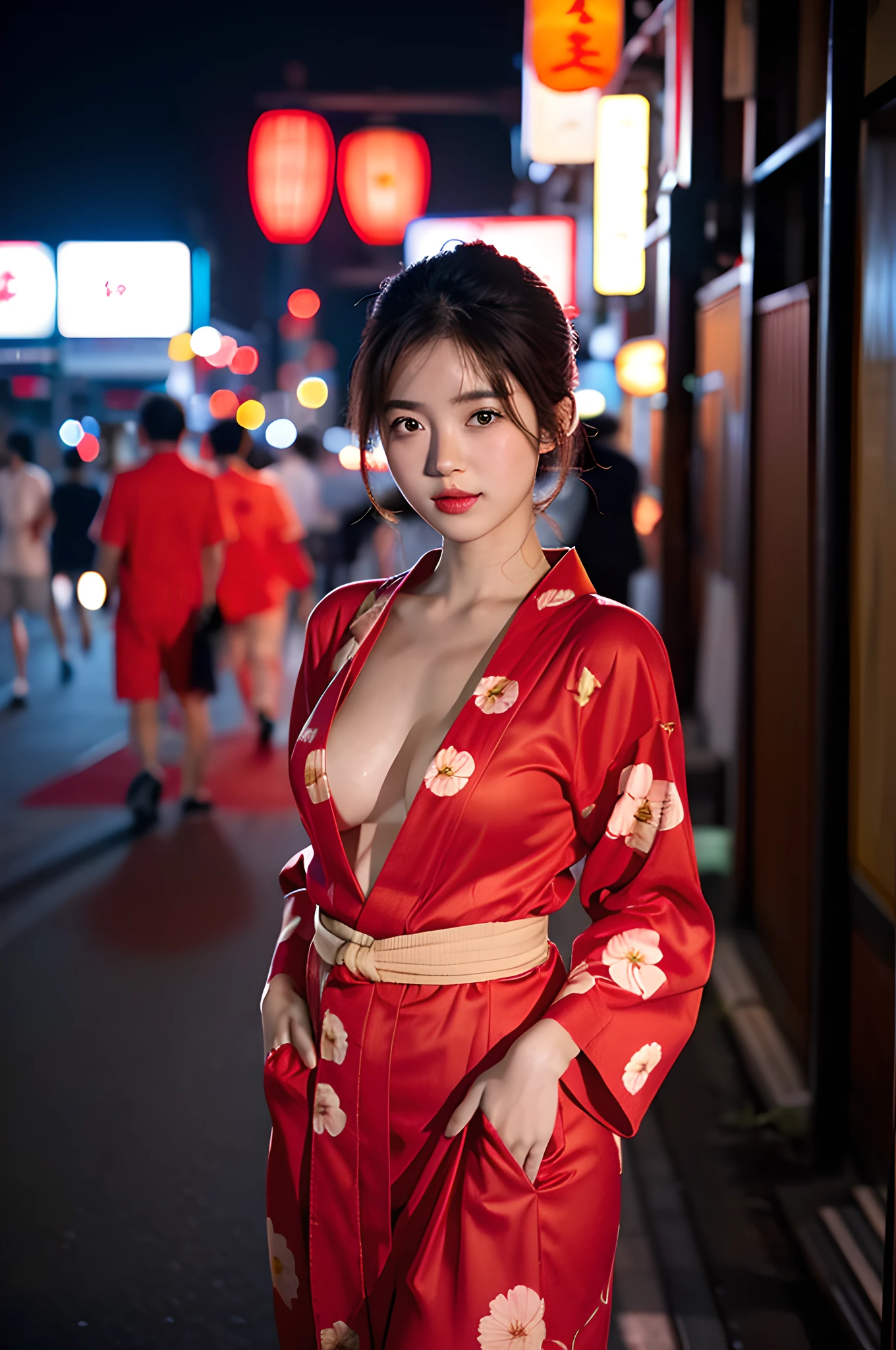 1girl、Streets of Tokyo, looking at viewer, summer evening, A city scape, Red floral sexy yukata 1.2, city light, The upper part of the body, a closeup, 8k、RAW Photography, top-quality、​masterpiece, realistic, Photorealistic, (nsfw), nude:1.3, random posting