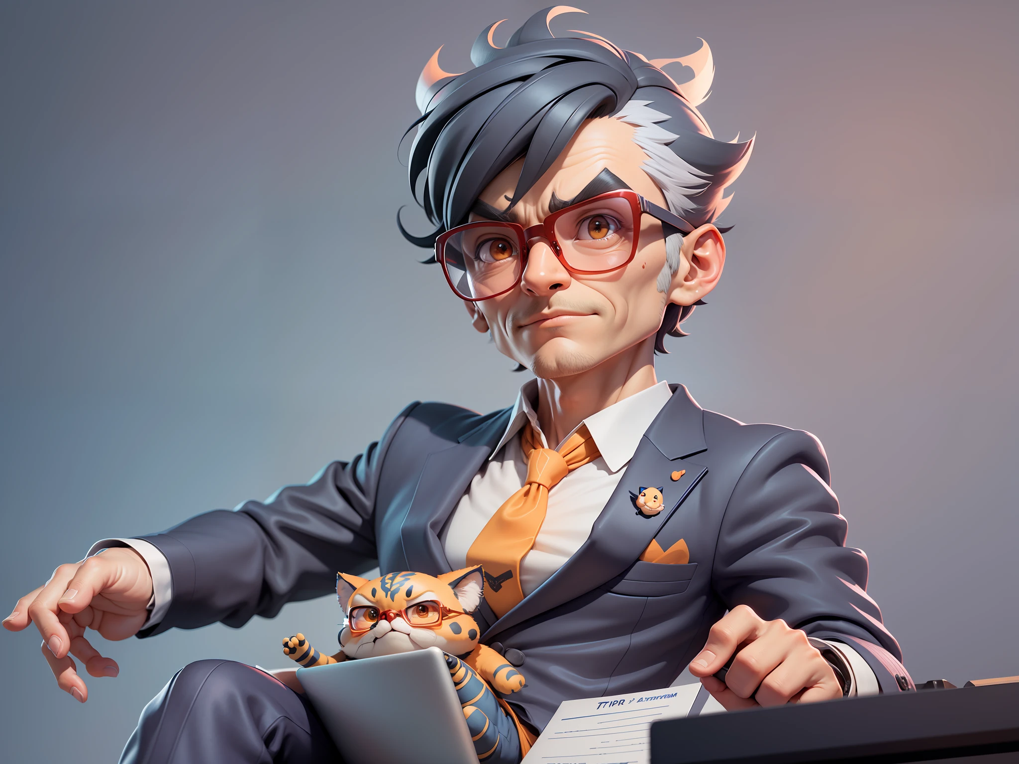 A young man in a suit, Short hair and glasses sat at his desk,holding laptop,digitial painting,tigre,3D character design by Mark Clairen and Pixar and Hayao Miyazaki and Akira Toriyama,4K HD illustration,Very detailed facial features and cartoon-style visuals。