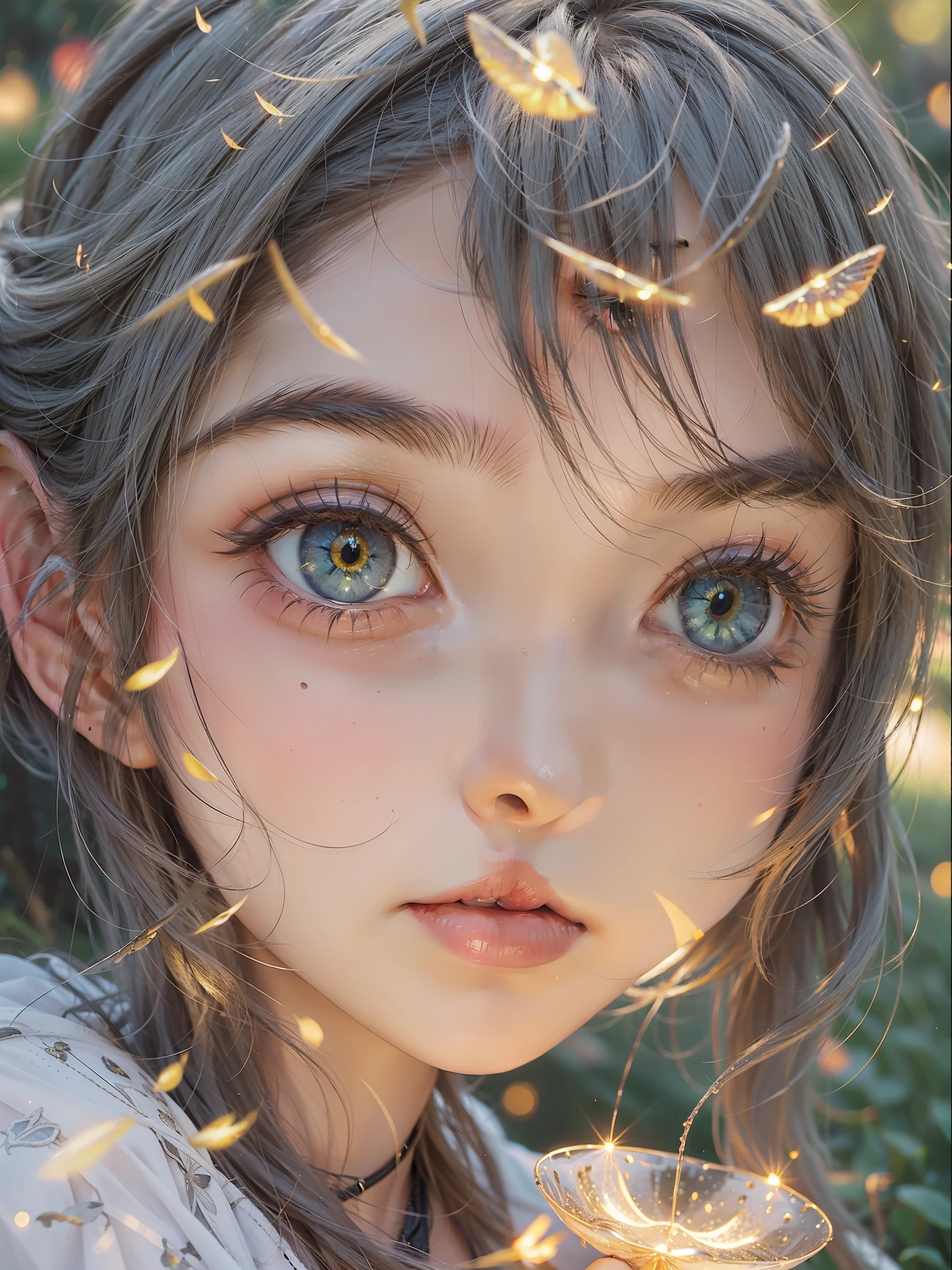 bit girl，There are large tracts of fireflies，Summer is coming to an end，On the lawn，evening light，Skysky，Faraway view，Hand detail，detail in face，plethora of colors