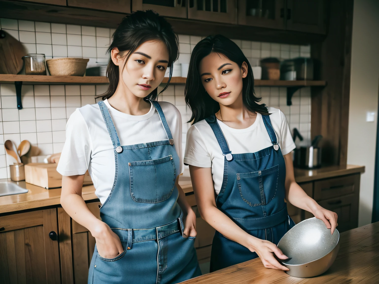 2 women,tee shirt,denim pant,aprons,at the kitchen,In washing dishes,sface focus