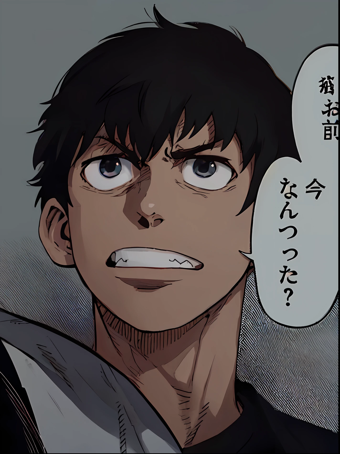 a anime of a boys manga, black hair color, angry, looking up, black shirt, text manga, color manga, manga color, color manga, color manga panel, simple background
