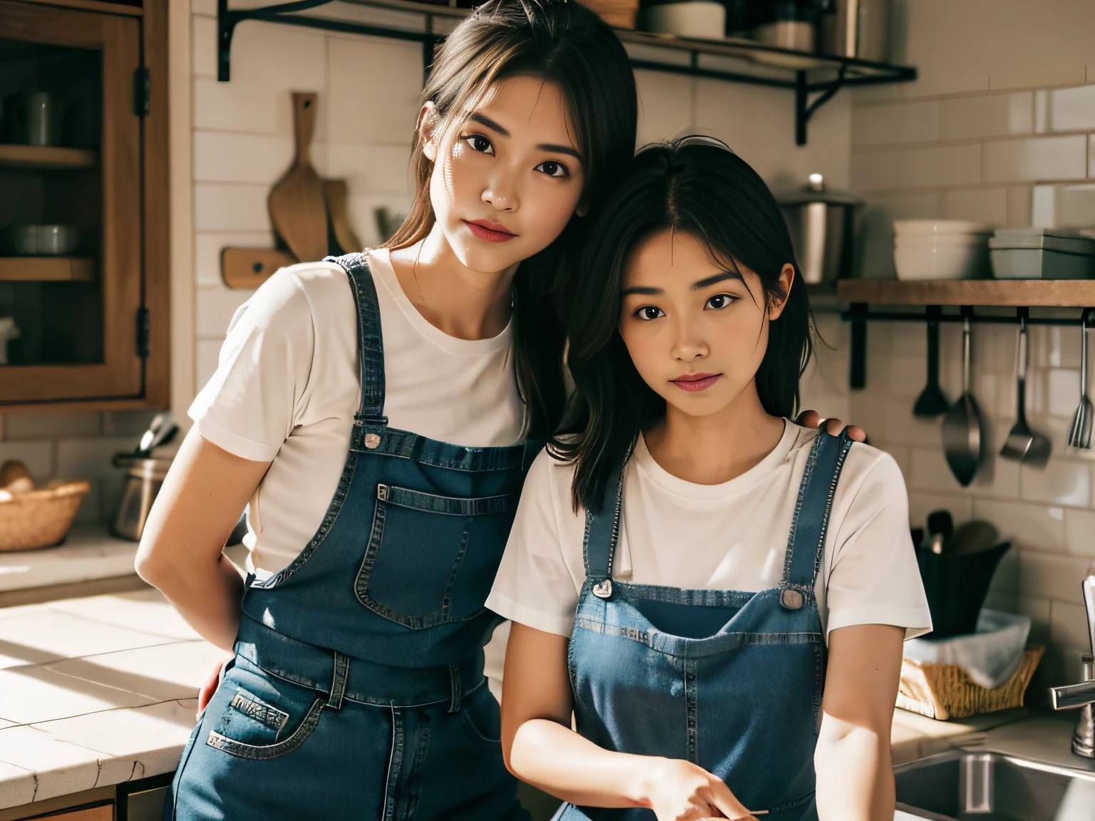 2 women,tee shirt,denim pant,aprons,at the kitchen,In washing dishes,sface focus