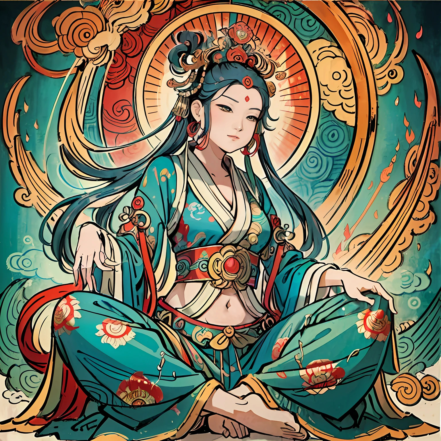 an ancient Chinese goddess, guanyin of the southern seas, Guanyin, Inspired by India, Avalokiteshvara rides a phoenix,,Serene expression,shui mo hua,Buddha,Buddhist,Lotus,Chinese painting style,Thangka style