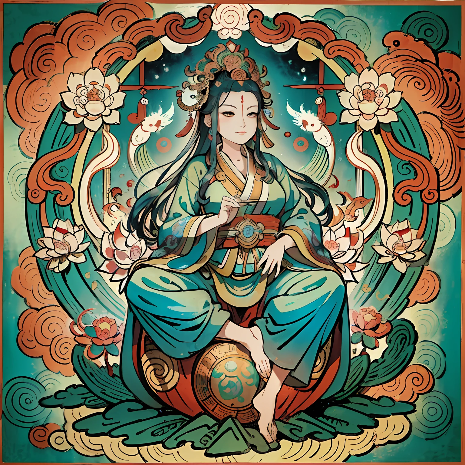 an ancient Chinese goddess, guanyin of the southern seas, Guanyin, Inspired by India, Avalokiteshvara rides a phoenix,,Serene expression,shui mo hua,Buddha,Buddhist,Lotus,Chinese painting style,Thangka style