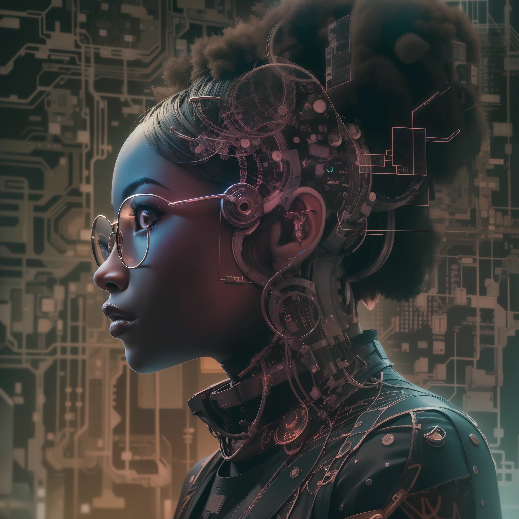 there is a woman with glasses and a brain scans on her face, digital art by Kurt Roesch, shutterstock, afrofuturism, ai researcher, portrait of an ai, circuitry visible in head, afro tech, female cyborg black silhouette, strong artificial intelligence, afro - futurist style, the image is futuristic, a teen black cyborg, the cyberpunk girl portrait