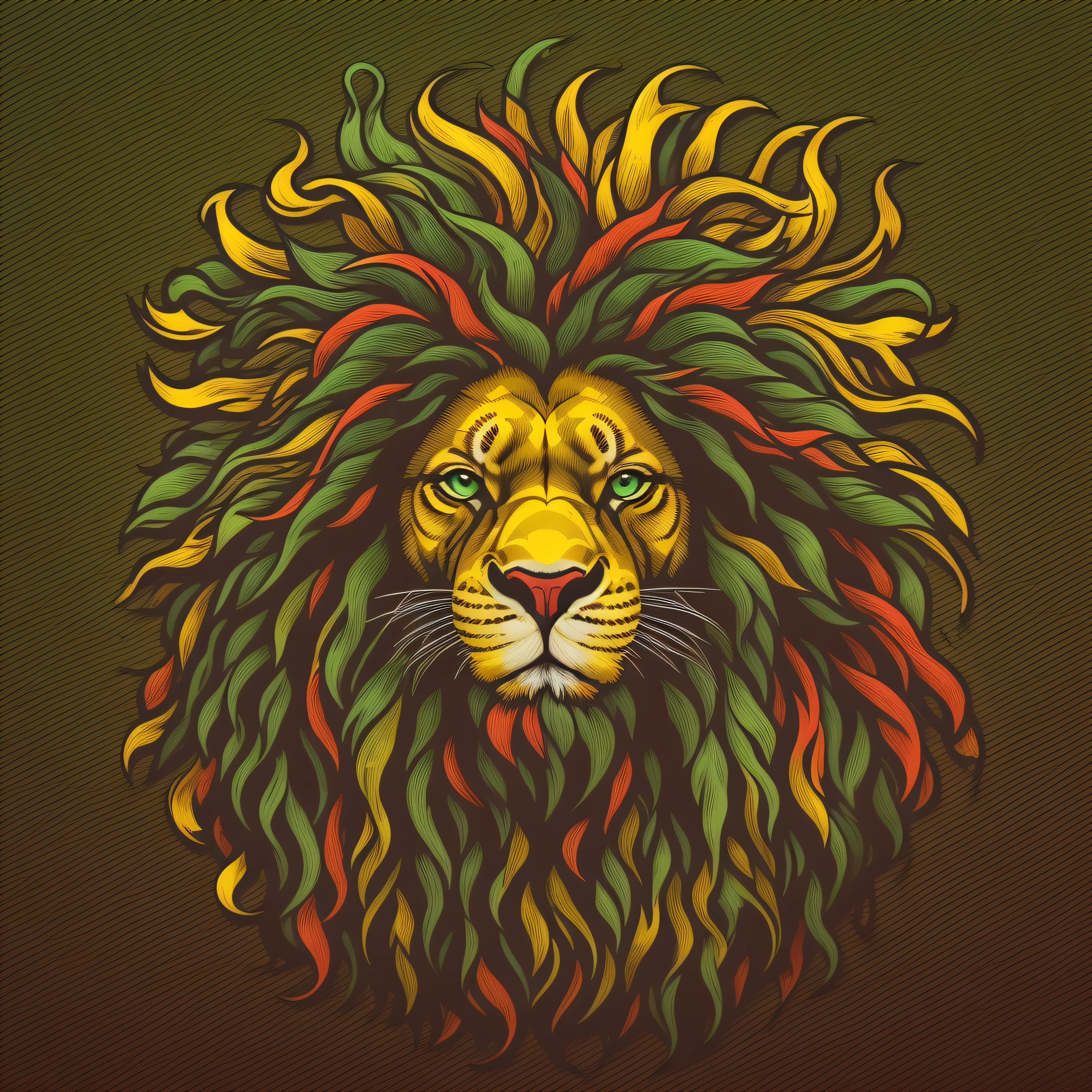"Generate a modern logo with a unique graphic style, with the head of a stylized old lion with dreadlocks hair in green colors, vermelho e amarelo, rastafari accessories in hair in golden color, confident look forward and sarcastic smile, e letras ousadas 'Rootsy' em cores contrastantes. FUNDO PRETO"Image with a resolution of at least 300 dpi, imagem vetorial