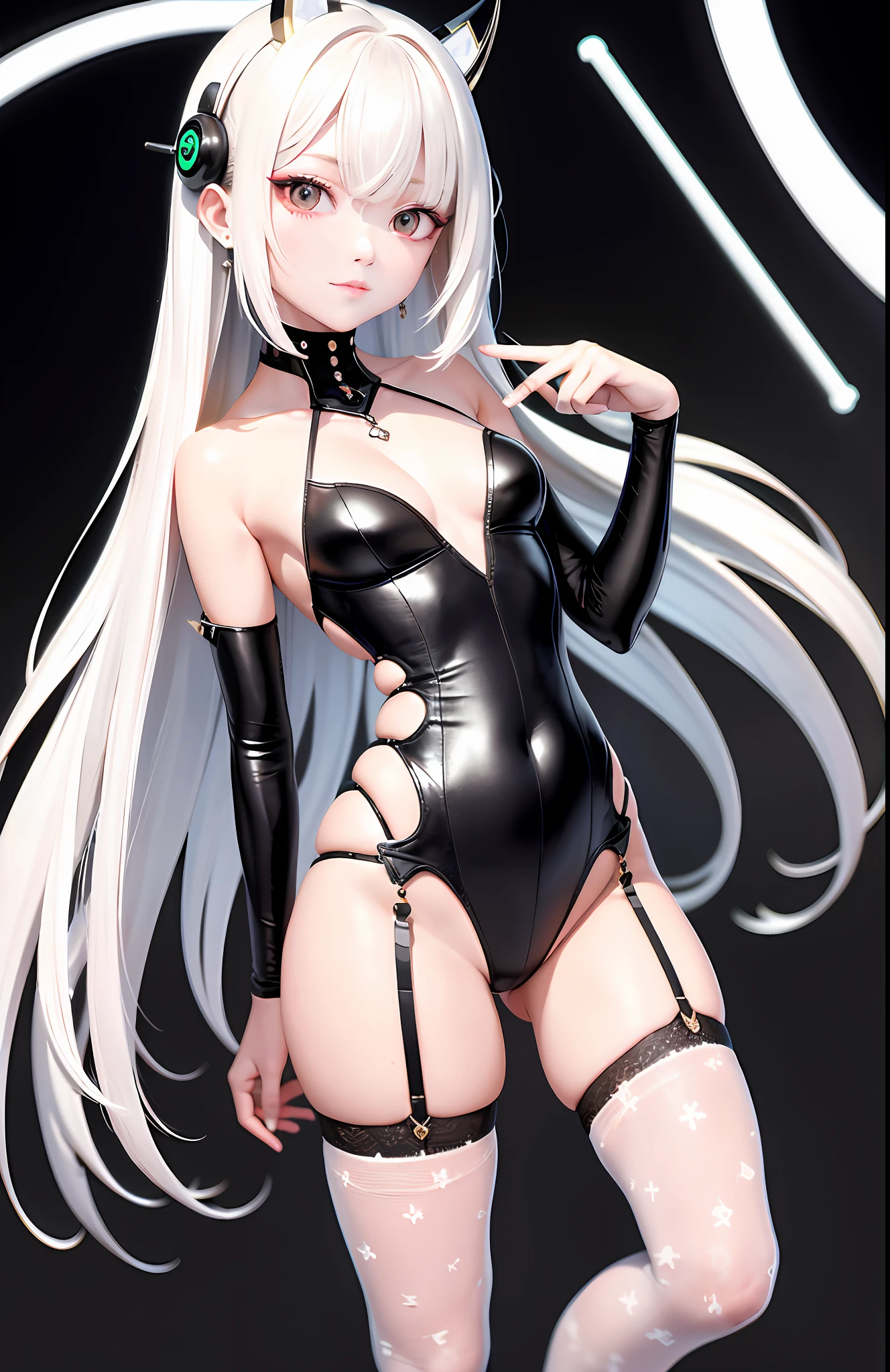 optimum,tmasterpiece,A high resolution,best qualtiy,hyper HD,super detailing,Award-Awarded,16k,独奏,(The upper part of the body),anatomy correct,Beautiful cyberpunk girl,Ex Machina,cute face,high light,Gradient Beige Hair,Hairline,((Scarlet eyes)),long eyelasher,Hanging eye corners,White skin of the,(small boobs),(Slim body),(()),((sun skirt)),(Finger caps),(Black and white yin and yang stockings),ear studs,(neck rings),(Laser material clothing:1.2)
