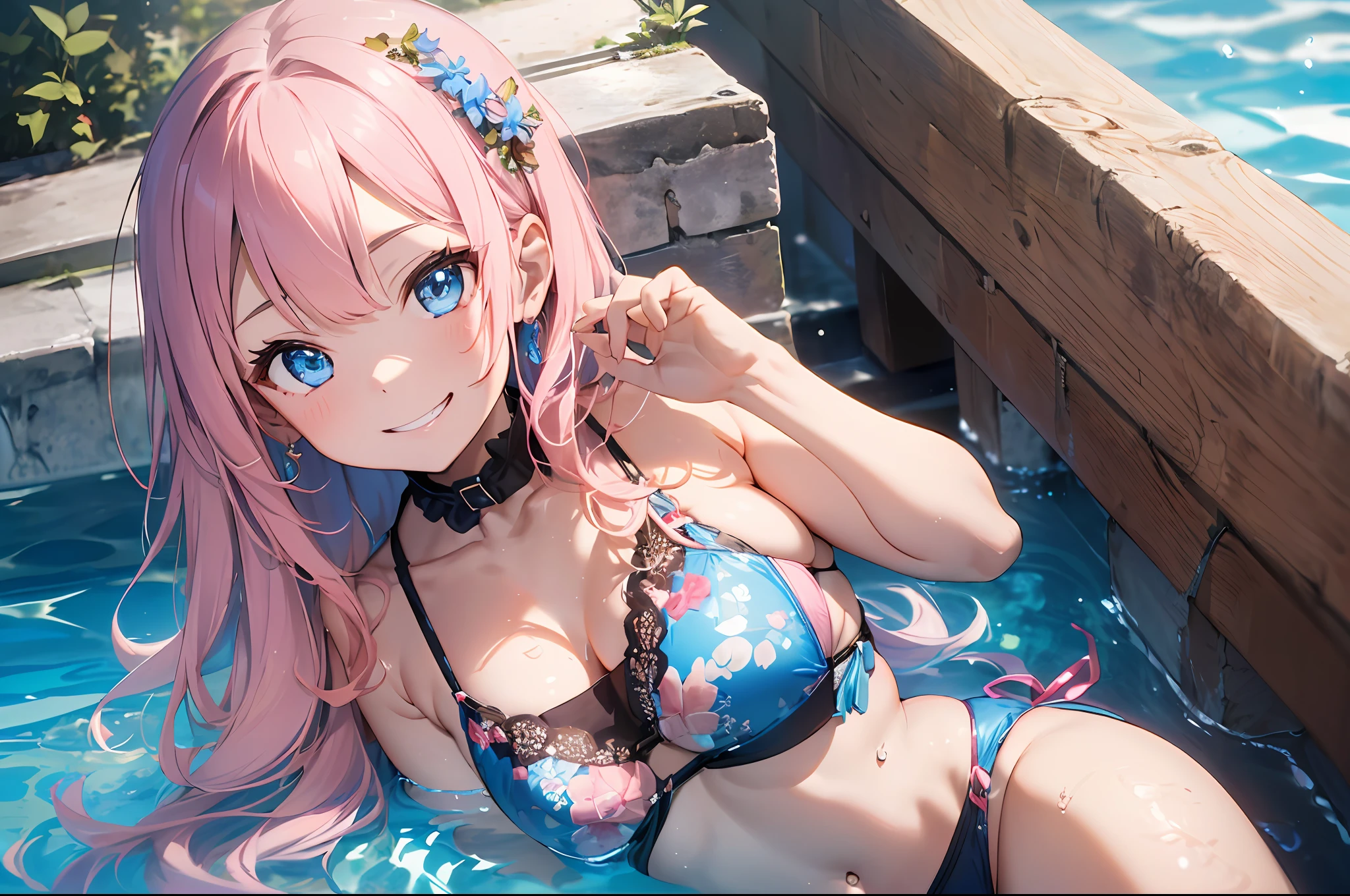 ((masterpiece))、((top-quality)、(Super Detail)、8K、Delicate depictions are filmed in anime style。Beachside Chair、lying back、
(Very long hair、A pink-haired、Bright blue eyes、)、Side tail、Her blue eyes are highlighted。
The overall tone is brighter、She is smiling very happily。Micro bikini with red floral pattern, Spiteful smile, , Angle from the side、Resort Poolside