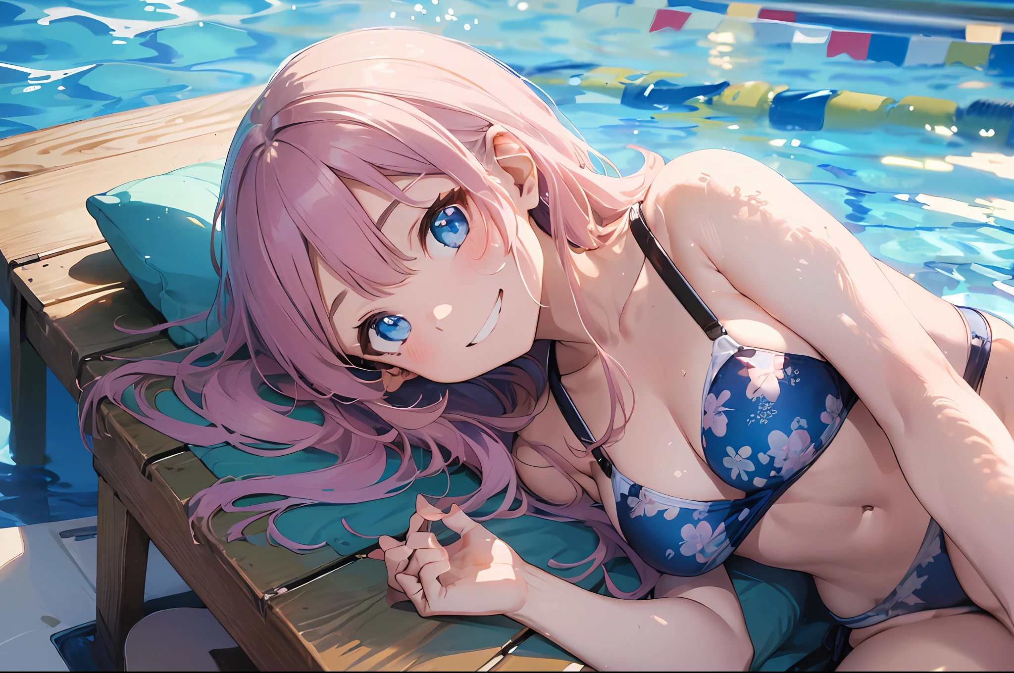 ((masterpiece))、((top-quality)、(Super Detail)、8K、Delicate depictions are filmed in anime style。Beachside Chair、lying back、
(Very long hair、A pink-haired、Bright blue eyes、)、Side tail、Her blue eyes are highlighted。
The overall tone is brighter、She is smiling very happily。Micro bikini with red floral pattern, Spiteful smile, , Angle from the side、Resort Poolside