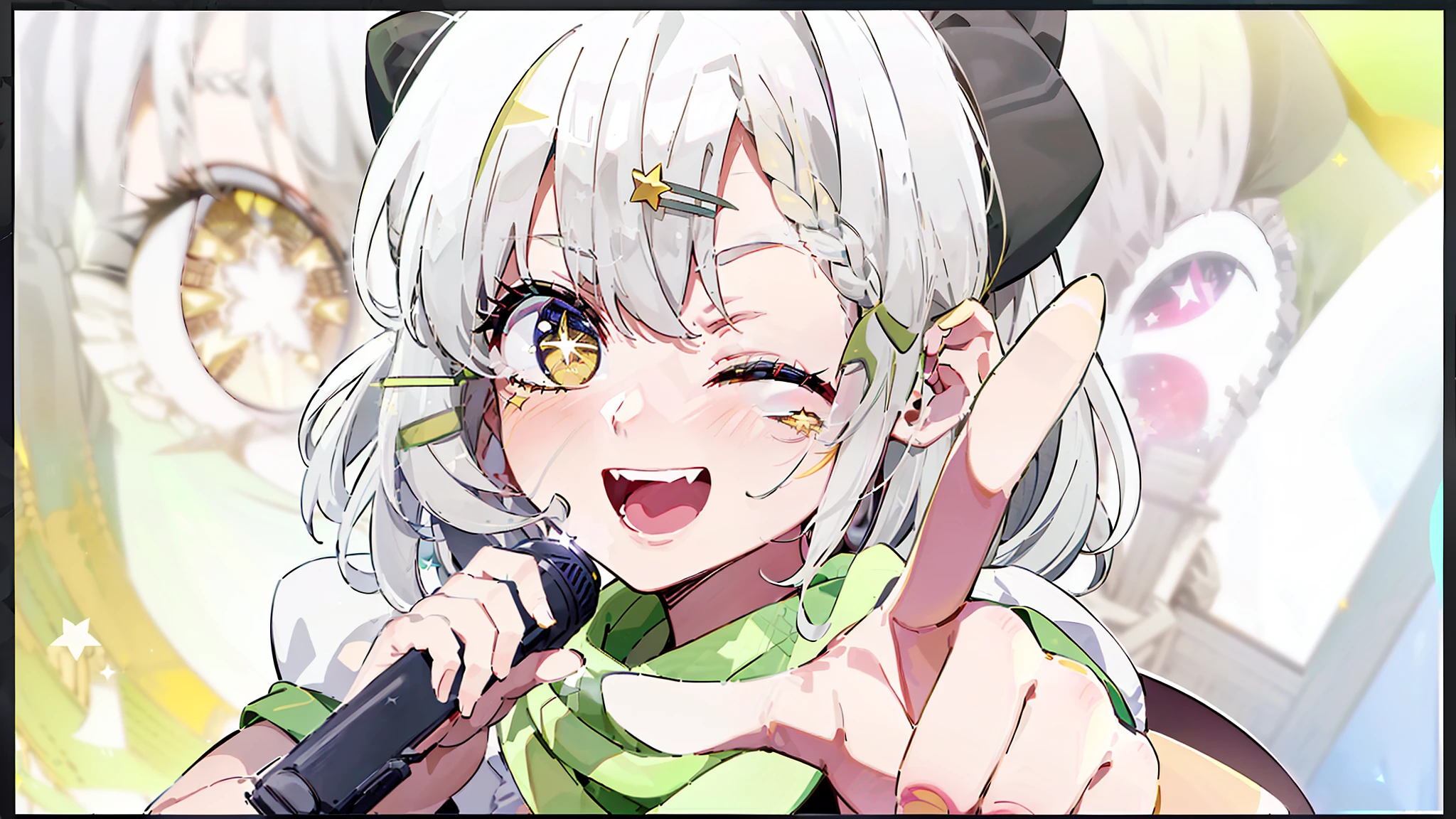 Masterpiece,Short hair,Shining eyes,(White idol costume),(((((green scarf))))), Dance, Sing, brilliance, be on stage,Green hair accessories, Stage, striated hair, Radiant eyes, mitts, Sing with your mouth open,(((White hair))), ahoge,((((french braid)))),(((((Dark gray corners))))),(((((Yellow eyes))))),(Handheld black microphone),(Golden light ),face,eye_Focus,((Singing)),aiming at viewer,((Point one finger at the viewer)),Striped hair, (((((Star-shaped pupils))))),(((One eye closed))),((((Green hairpins)))),((Scars on the face ))