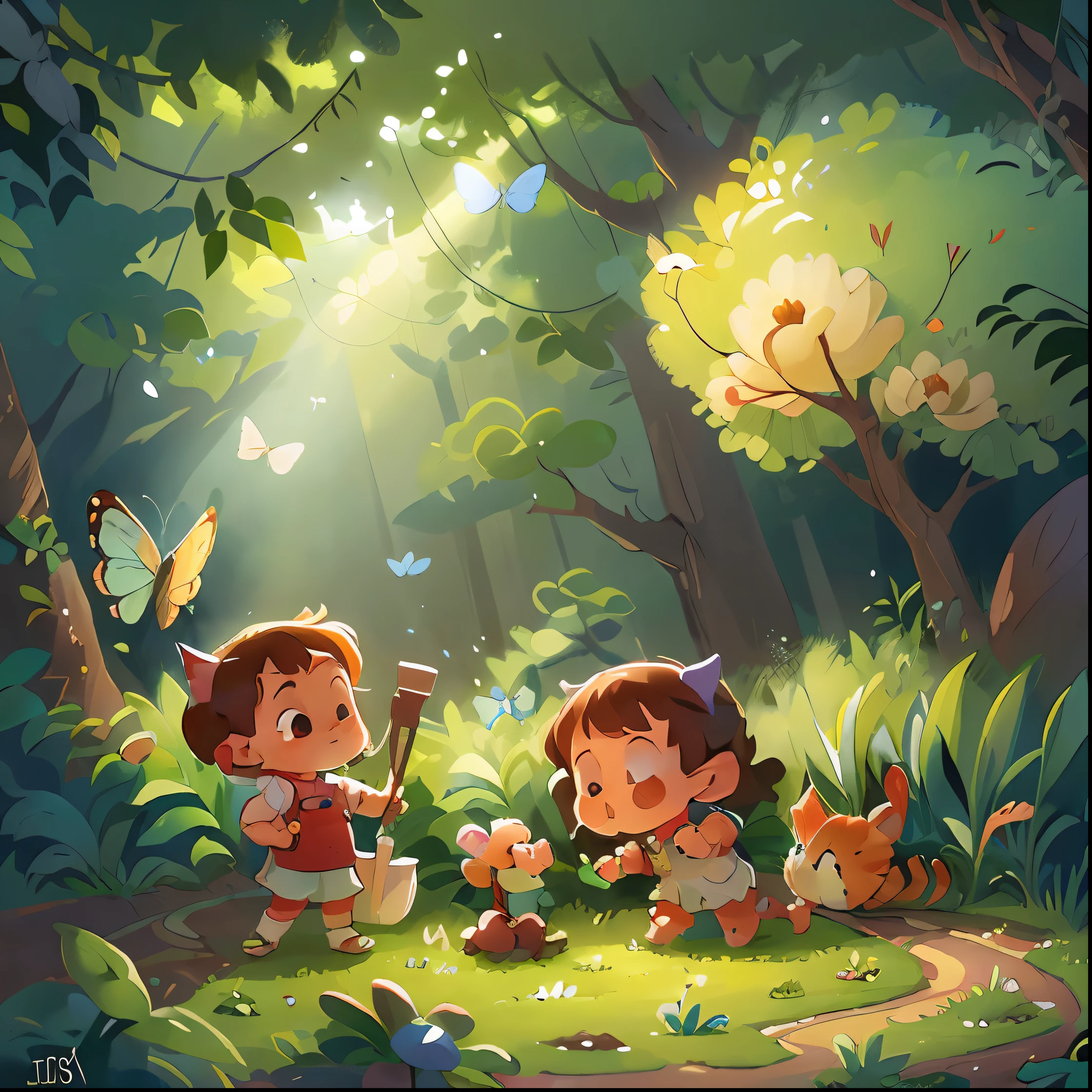 One Little Girl(white clothes, red shoes, short hair)And a couple of elves(bule pans, look like cats),butterflies flying,In the jungle after the rain,Sunlight shines through intermittently,(tmasterpiece),Extremely detailed picture details,ultra HD picture quality,(8k wallpaper),(CG),(fairy tale style), Inspired by:《Alice in Wonderland》