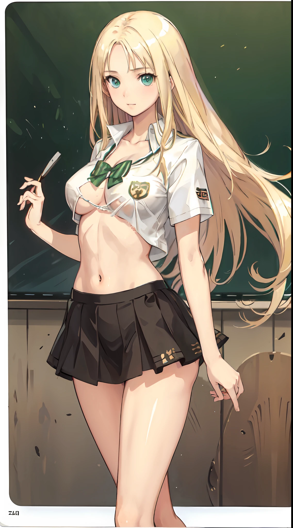 blonde hair, long hair, green eyes, happy, school uniform, short skirt, medium breast, cleavage, classroom, slim legs, navel, open clothes