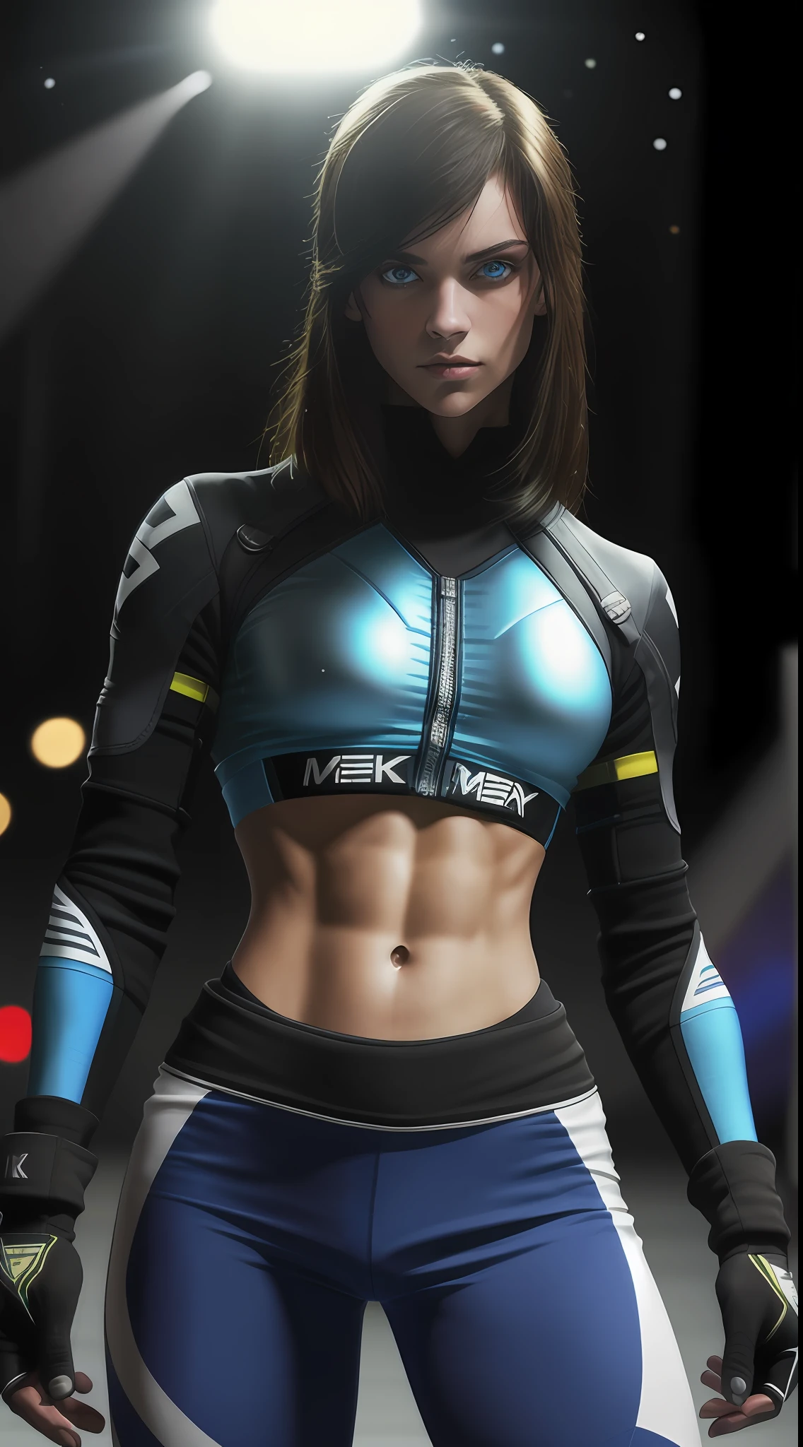 wmma， Fingerless gloves， mtu， Abs， shades， stage light， fences， （Sharp focus：1.2）， sportrait， （posing on a））， （Handsome face：1.1）， blue colored eyes， sensual lip， （（dent in the skin））， （bright studio lighting：1.2）， depth of fields， Bokeh， 4K， k hd