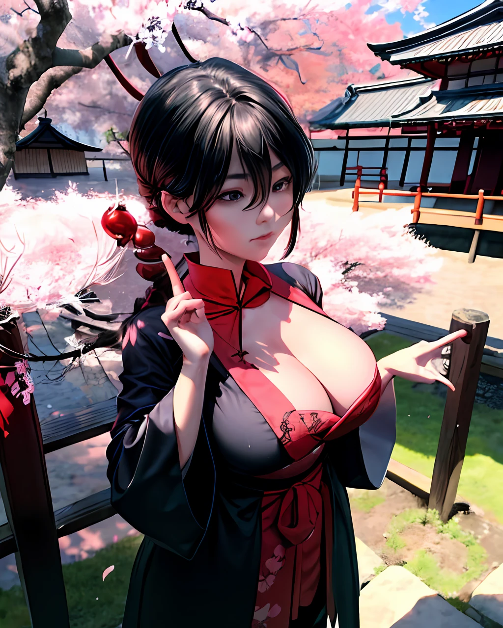 best quality, Meisterwerk,1girls, Mizu,(mid large breasts), Cowboy_Schuss,Chinesische Kleidung, schwarze Hose, (rotes Haar), Offizieller Stil, with cherry blossoms and a japanese garden in the background, hands free