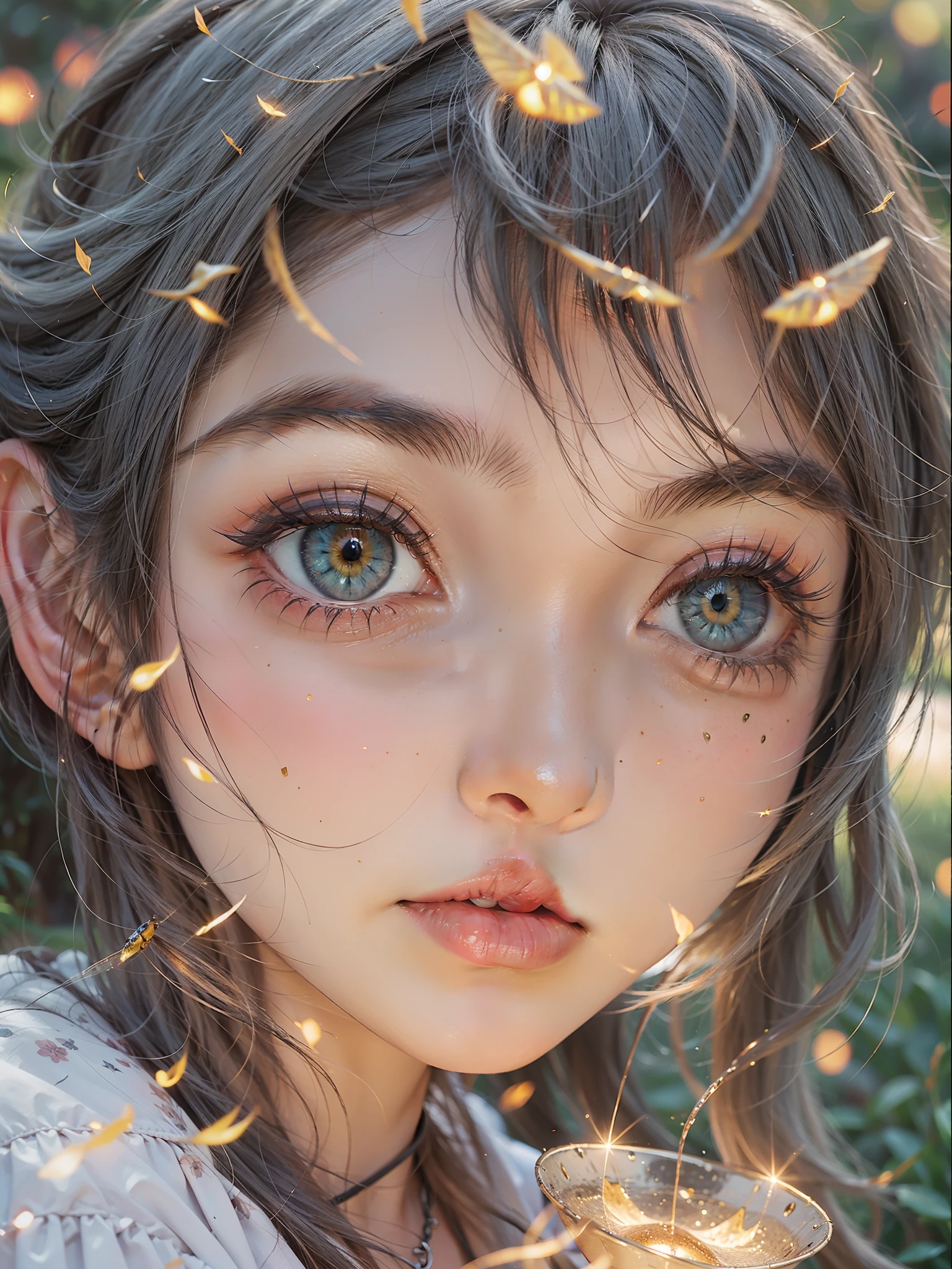 bit girl，There are large tracts of fireflies，Summer is coming to an end，On the lawn，evening light，Skysky，Faraway view，Hand detail，detail in face，plethora of colors,eye detailed