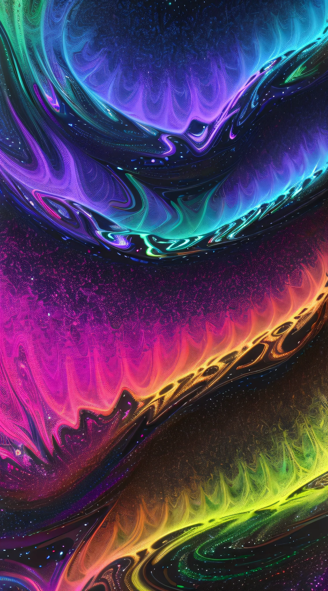 Close up of colorful abstract painting on black background, Rainbow digital art, Iridescent glossy spots, iridescent texture, with rainbow colored background, Irridescent color, opalescent night background, Rainbow fractal, Vibrant digital art, psychedelic digital art, vibrant digital painting, multicolored digital art, holographic texture