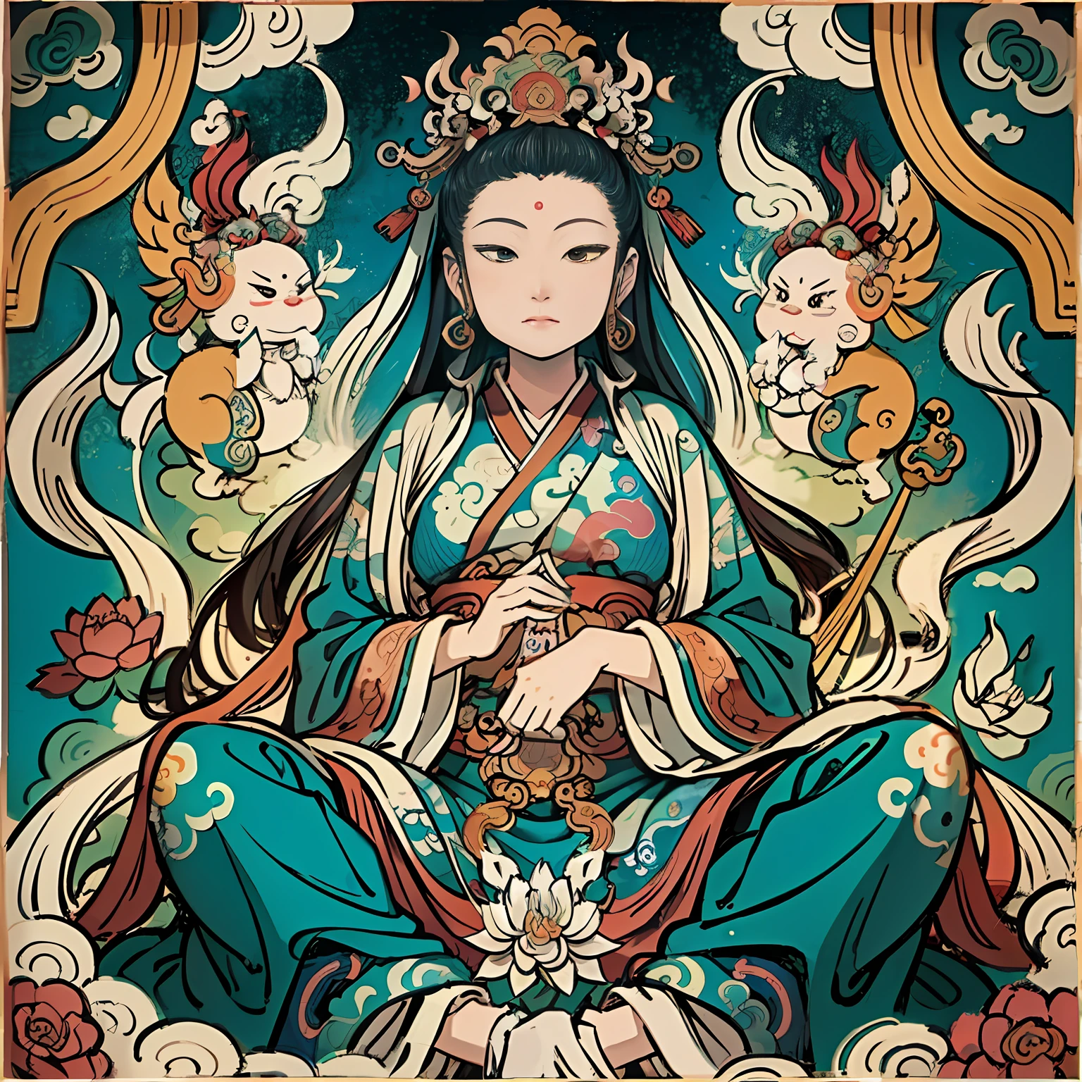 an ancient Chinese goddess, guanyin of the southern seas, Guanyin, Inspired by India, Avalokiteshvara，,Serene expression,shui mo hua,Buddha,Buddhist,Lotus,Chinese painting style,Thangka style