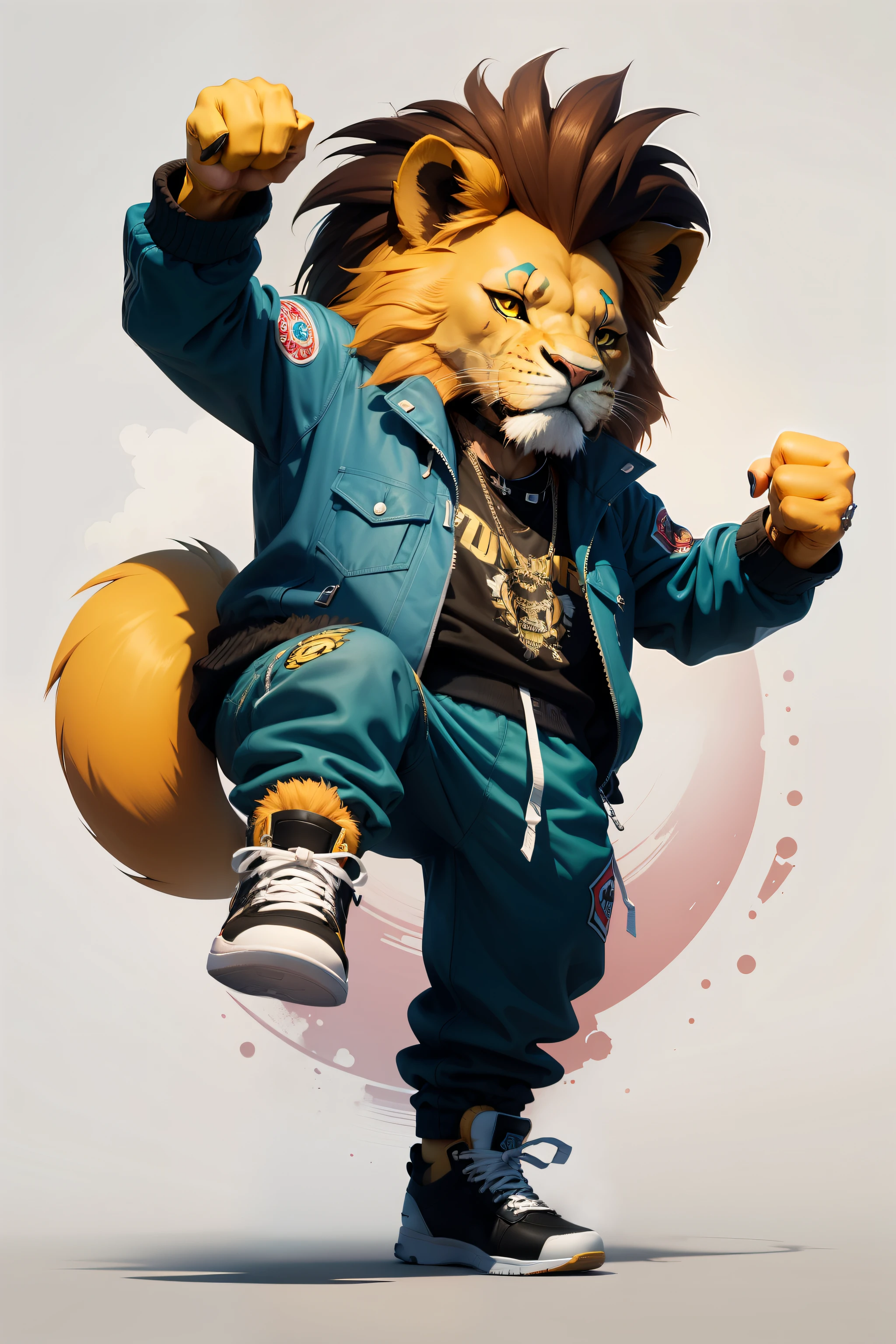 A cartoon lion in a punk hip-hop suit dancing in a hip-hop outfit