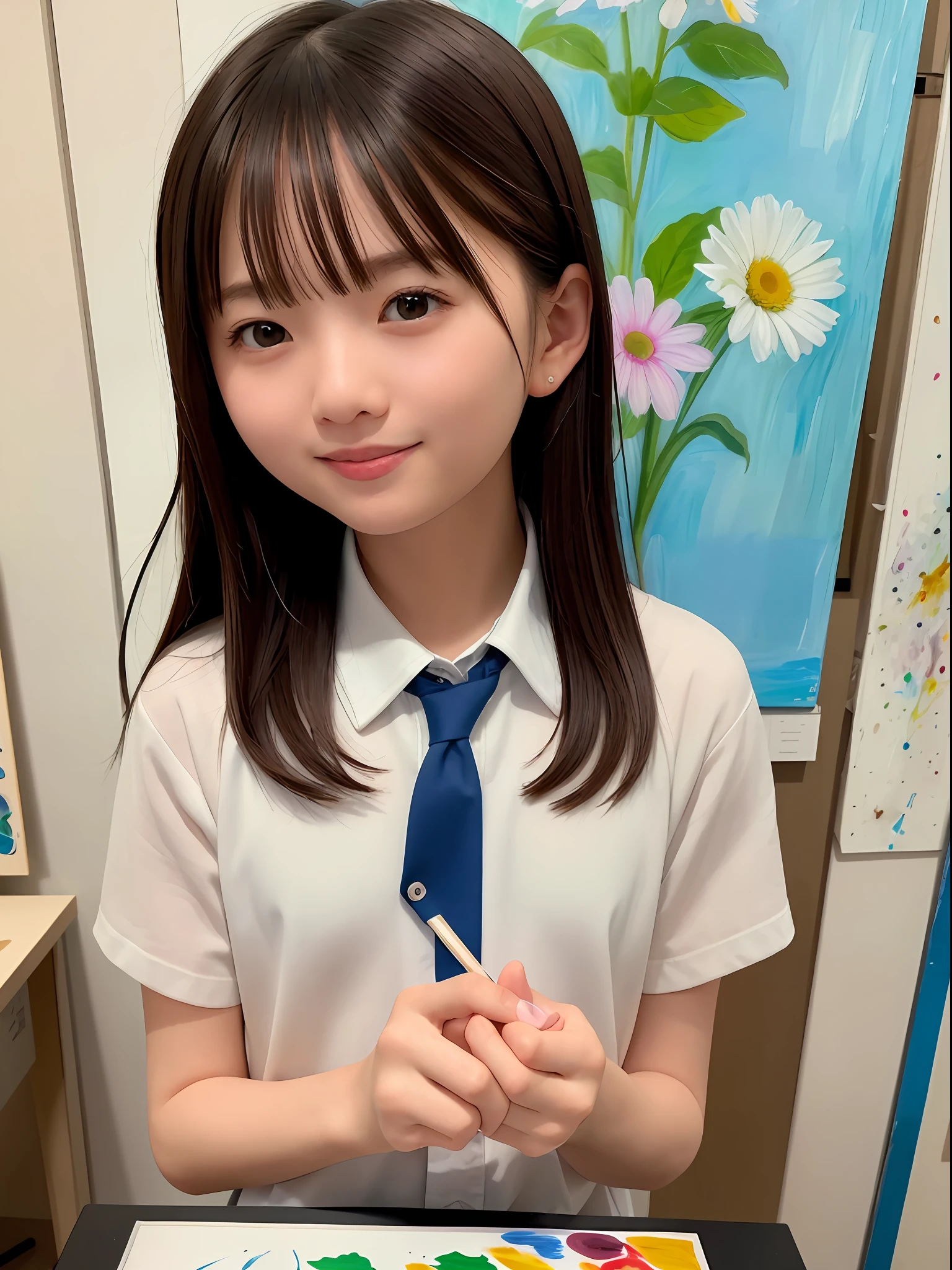 (8K、top-quality、masterpiece:1.2)、(realisitic、Photorealsitic:1.37)、ultra-detailliert、1girl in、cute little、独奏、Beautiful detail sky、Detailed café、(a smile:1.15)、beautiful finely detailed eyes、(shirt with collar:1.1)、business clothes、White lace、(short-hair:1.2)、Floating Hair NovaFrog Style、up close shot、medium shot、Random Shots、(((Art Classes)))