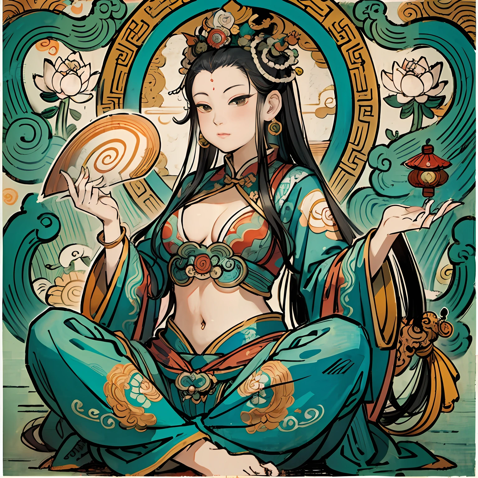 an ancient Chinese goddess, guanyin of the southern seas, Guanyin, Inspired by India, Avalokiteshvara,,Serene expression,shui mo hua,Buddha,Buddhist,Lotus,Chinese painting style,Thangka style