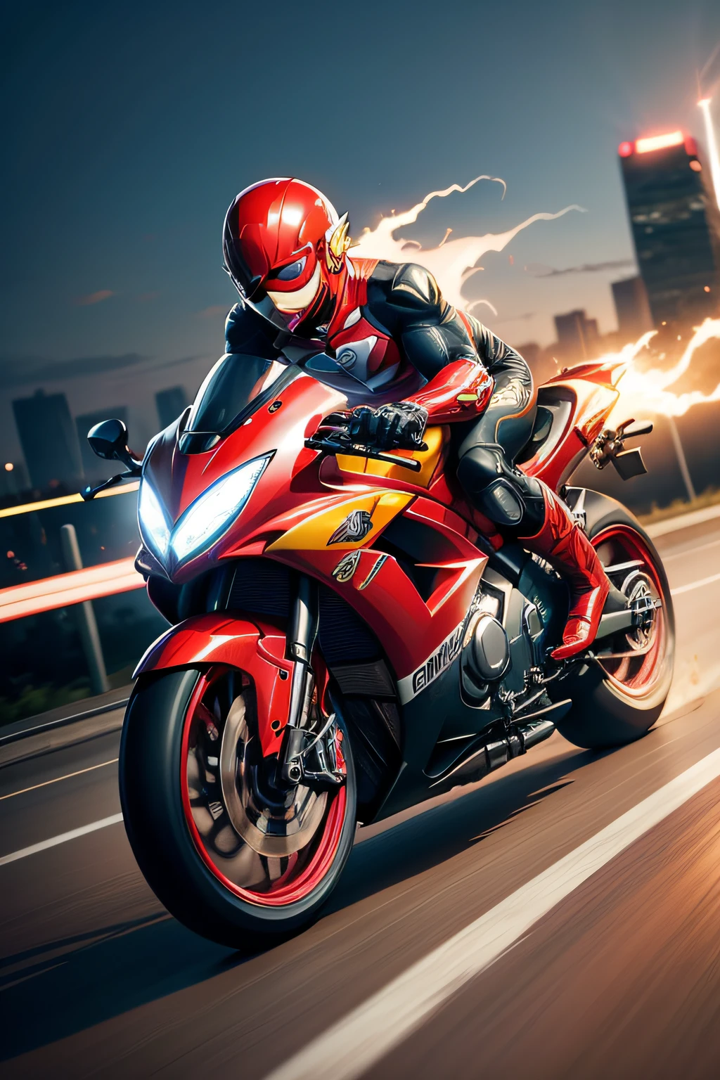 Imagine o Flash, The world's fastest superhero, on your amazing fast bike, cortando o vento enquanto corre para salvar o dia. Descreva como seria essa imagem e como o Flash se posicionaria na moto.”