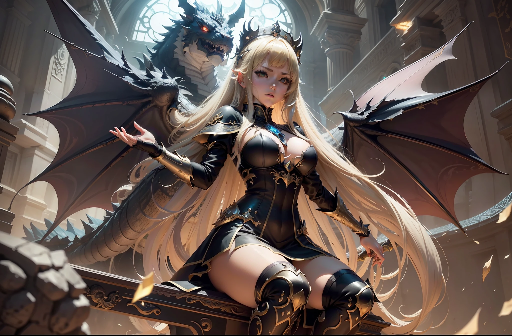 anime girl with sword and dragon in background, anime fantasy artwork, anime fantasy illustration, badass anime 8 k, anime art wallpaper 4 k, anime art wallpaper 4k, 2. 5 d cgi anime fantasy artwork, anime art wallpaper 8 k, detailed digital anime art, beautiful fantasy anime, anime epic artwork, 4k anime wallpaper, detailed anime artwork, sexy, sexy, big boobs, women, A queen is sitting on a throne in the underwater palace, anime style , dragon girl, amor dragon, blade dragon, dragon wings , (masterpiece, best quality, ultra-detailed, best shadow), (detailed background,dark fantasy), (beautiful detailed face), high contrast, (best illumination, an extremely delicate and beautiful), ((cinematic light)), colorful, hyper detail, dramatic light, intricate details, (1 girl, solo, sharp face, . Blonde hair,super long hair, thin bangs hime cut, long lashes,dynamic angle), blood splatter, swirling black light around the character, depth of field,black light particles,(broken glass),magic circle