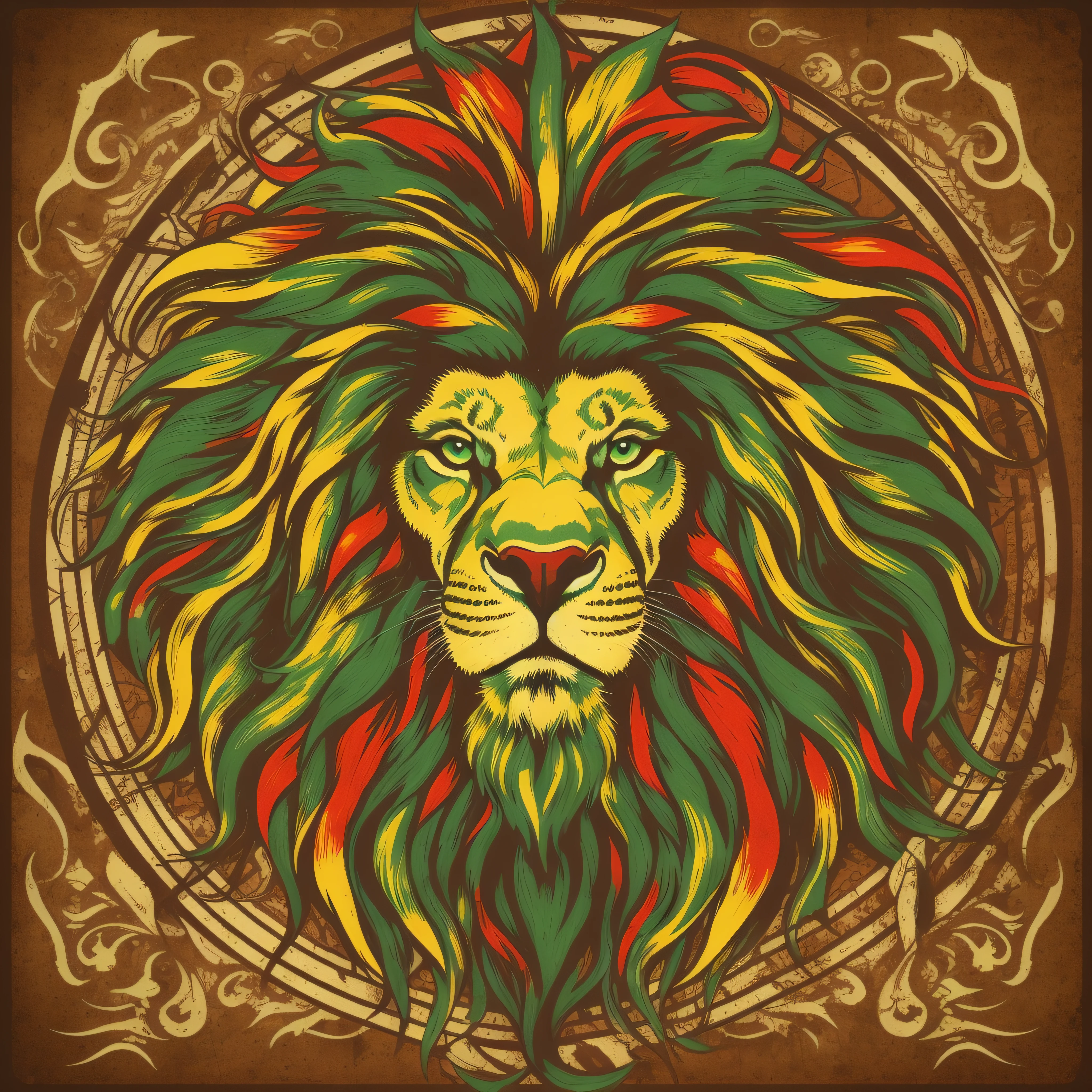 "Generate a modern logo with a unique graphic style, with the head of a stylized old lion with dreadlocks hair in green colors, vermelho e amarelo, rastafari accessories in hair in golden color, confident look forward and sarcastic smile, e letras ousadas 'Rootsy' em cores contrastantes. fundo preto"Image with a resolution of at least 300 dpi, imagem vetorial