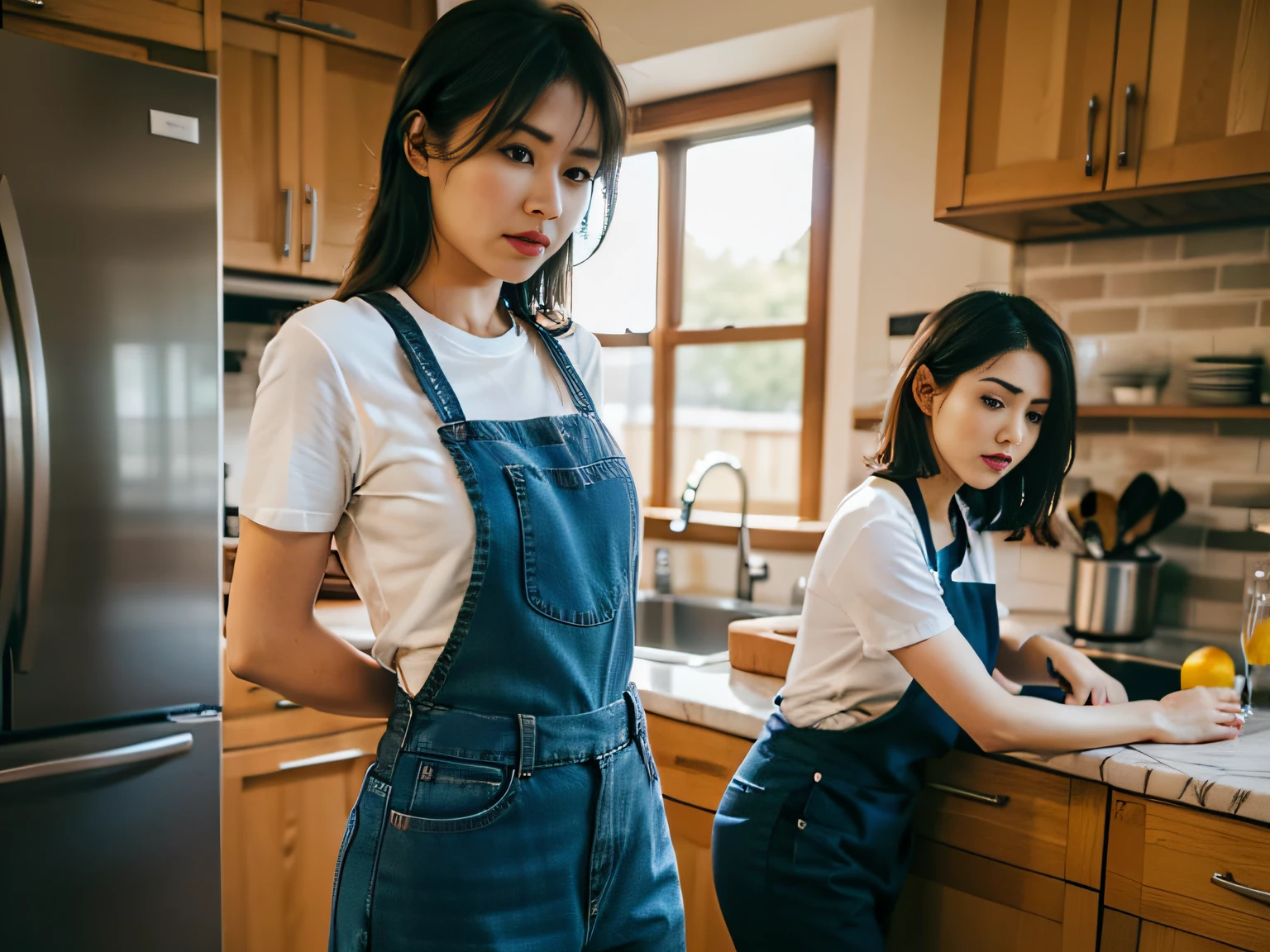 2 women,tee shirt,denim pant,aprons,at the kitchen,In washing dishes,sface focus