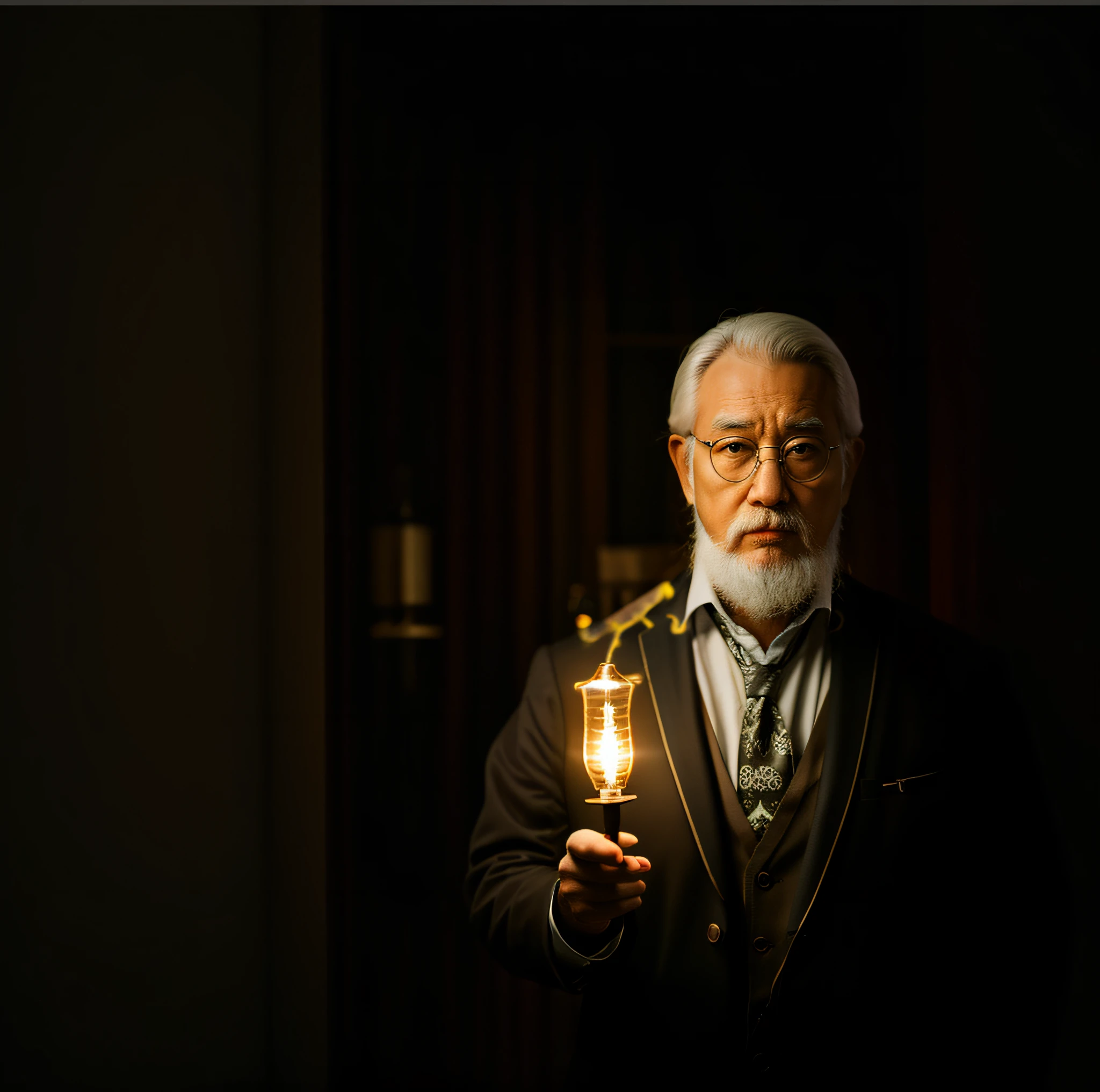 There was a man holding a light bulb in his hand, 1 Dwarf scientist of the 9th century, A portrait of a wizard, inspired by August Friedrich Schenck, he is casting a lighting spell, Edison light bulb, wizards, Inspired by Hariton Pushwagner, Father time, electrified, houdini & Photoshop, dumbledore, Inspired by Ivan Kramskoy,bookshelves