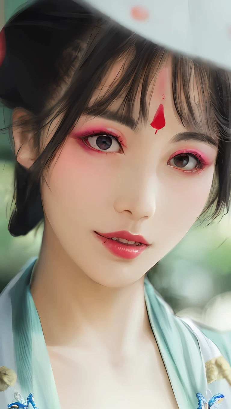 A closeup of a woman,The face is painted with pink paint and a white umbrella, Popular Korean makeup, beautiful Japanese girl face, traditional makeup, Chinese traditional, Chinese style, Popular Korean makeup, Chinese girl, beautiful aesthetic face, red contact lenses, south east asian with round face, Cute natural anime face, Traditional beauty, luminous red eyes, Korean symmetrical face