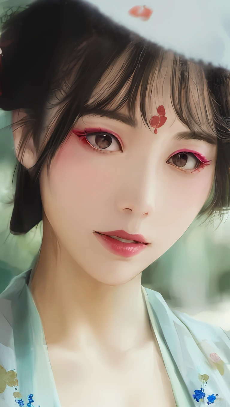 A closeup of a woman,The face is painted with pink paint and a white umbrella, Popular Korean makeup, beautiful Japanese girl face, traditional makeup, Chinese traditional, Chinese style, Popular Korean makeup, Chinese girl, beautiful aesthetic face, red contact lenses, south east asian with round face, Cute natural anime face, Traditional beauty, luminous red eyes, Korean symmetrical face