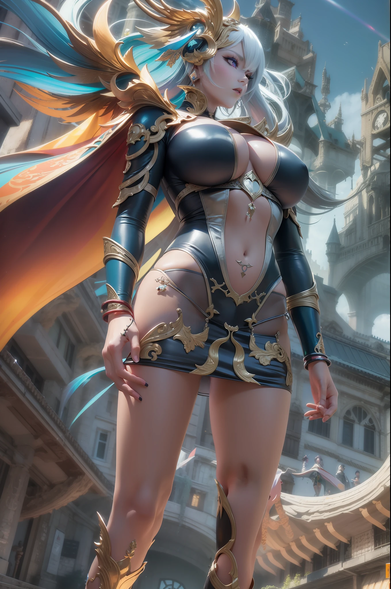 Epic scenes,Colorful colors,unreal-engine,8K分辨率,tmasterpiece,Rainbow skins,Specular reflection,Ray tracing effect,blacksilk,Imperial Daughter,A MILF,tightsuit,huge tit,short skirt,stocklings,Complicated details,fantasy concept art