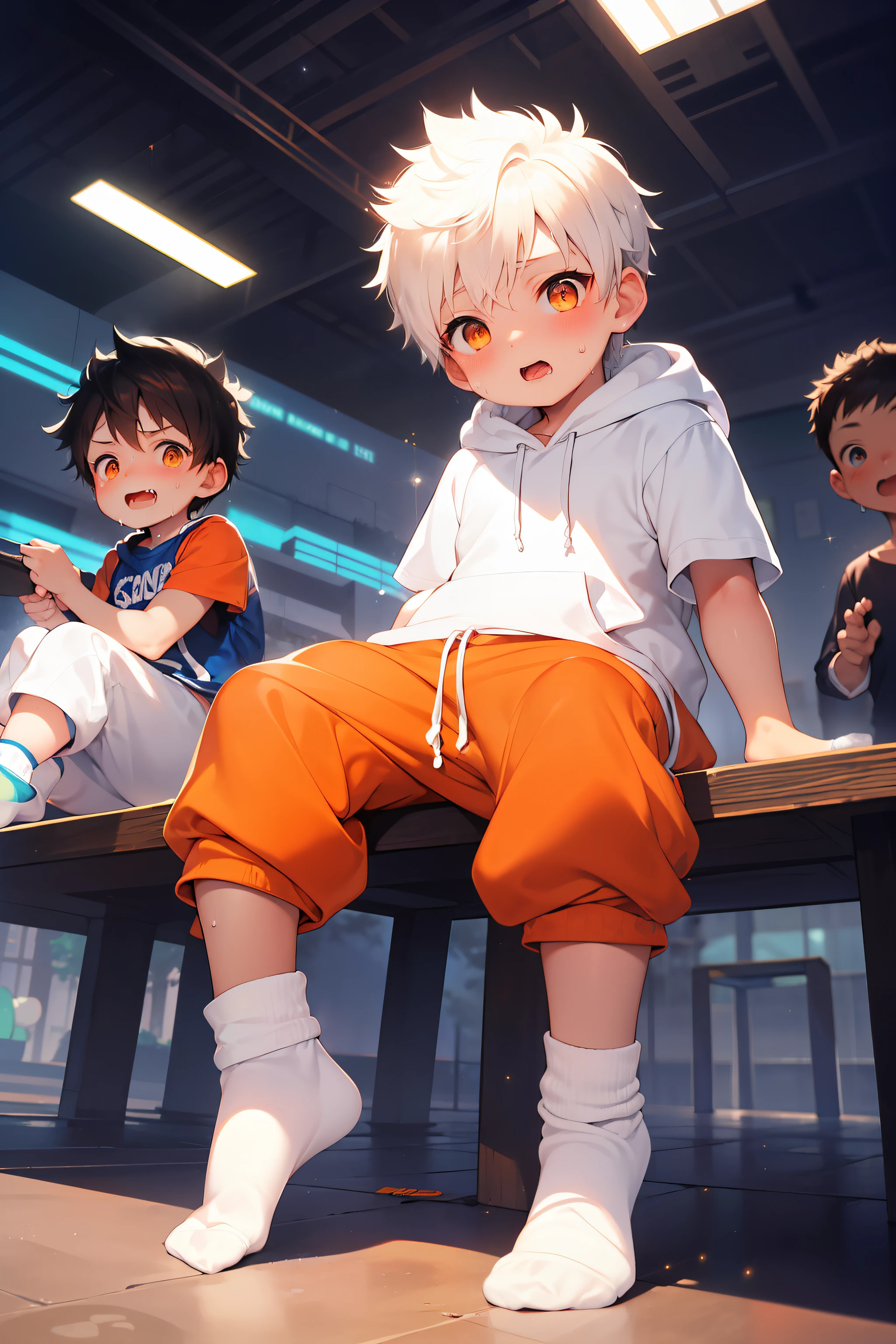 2 chubby  boys with White hair and shiny orange eyes and colorful socks wearing a hoodie, and oversized sweatpants sitting on a field, blushing, drooling, young, boy, child,l, toddsparklefalling from sky, night, dark, soft light, (sweatpants:1.4), (socks:1.4),