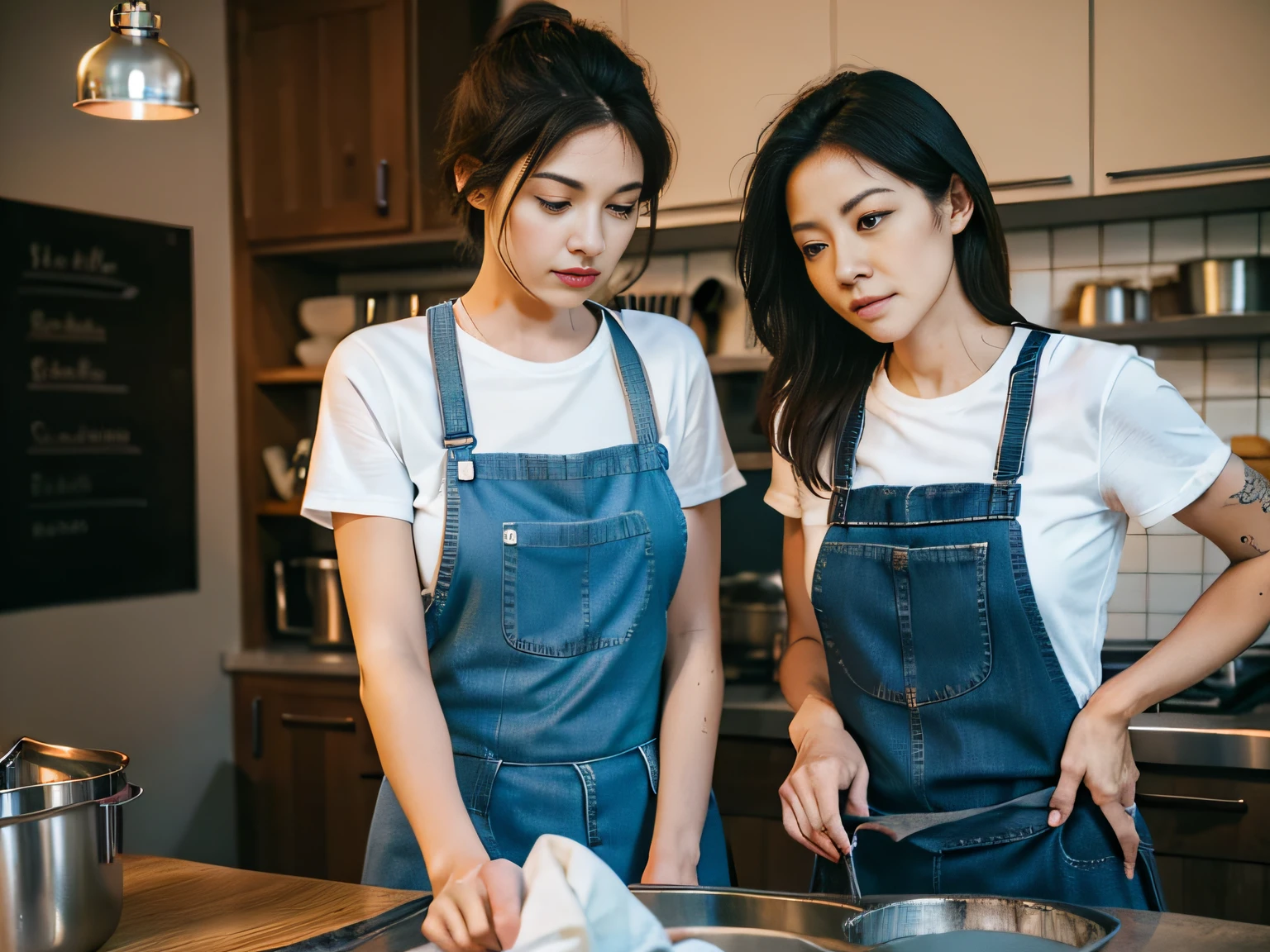 2 women,tee shirt,denim pant,aprons,at the kitchen,In washing dishes,sface focus
