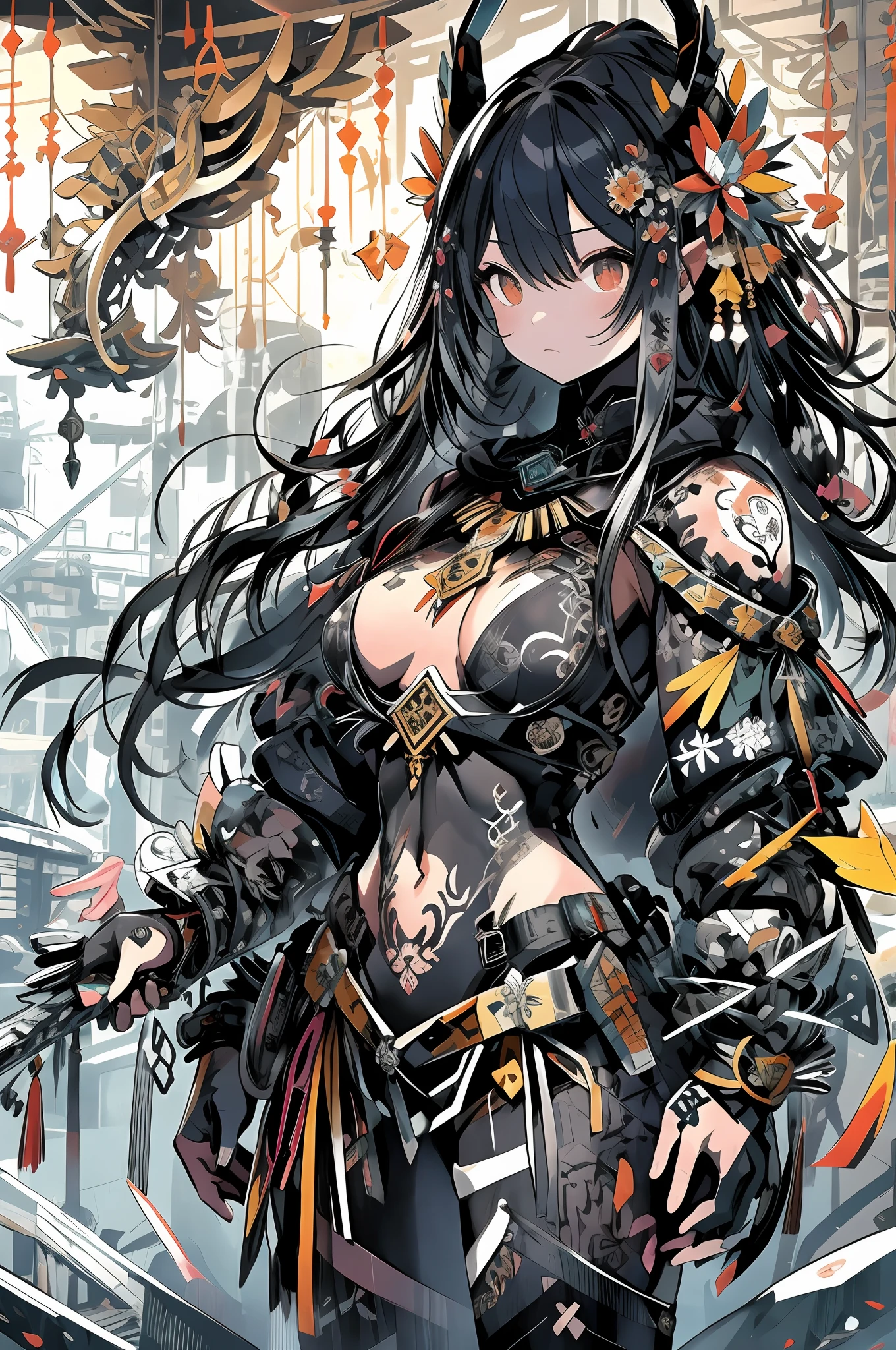 masterpiece, top-quality, hightquality, abyssal, awardwinning photo, depth of fields, nffsw, ighly detailed, trending on artstationh, Trending in CGSighbour, Convoluted, high detailing,This illustration is、Tattoo designs are、It depicts a female warrior carved into black armor。She raised a very big sword in her hand.、The design of the armor combines strength and majesty.。
Her armor is、Covered with thick and heavy steel plates、Bright tattoos are woven into the surface of the armor。Tattoos are ancient letters and symbols、The Tree of Life, Animals that symbolize courage, and more、appearance々It consists of elements such as。Black armor and contrasting tattoos、Available in color and complexity.、It expresses the personality and inner depth of the female warrior。
Her expression was、Shows willpower and quiet confidence。Tattoo integrated with armor、With wisdom and power learned from past trials、We have hope for the future in our hearts.。
The surroundings include、Powder々Fluttering glass、The light sparkling in the wind is reflected in the tattoo。This illustration is、Tattoos and armor、And powder々Through the interaction of the glass that became、It depicts a warrior where inner strength and outer defense merge。