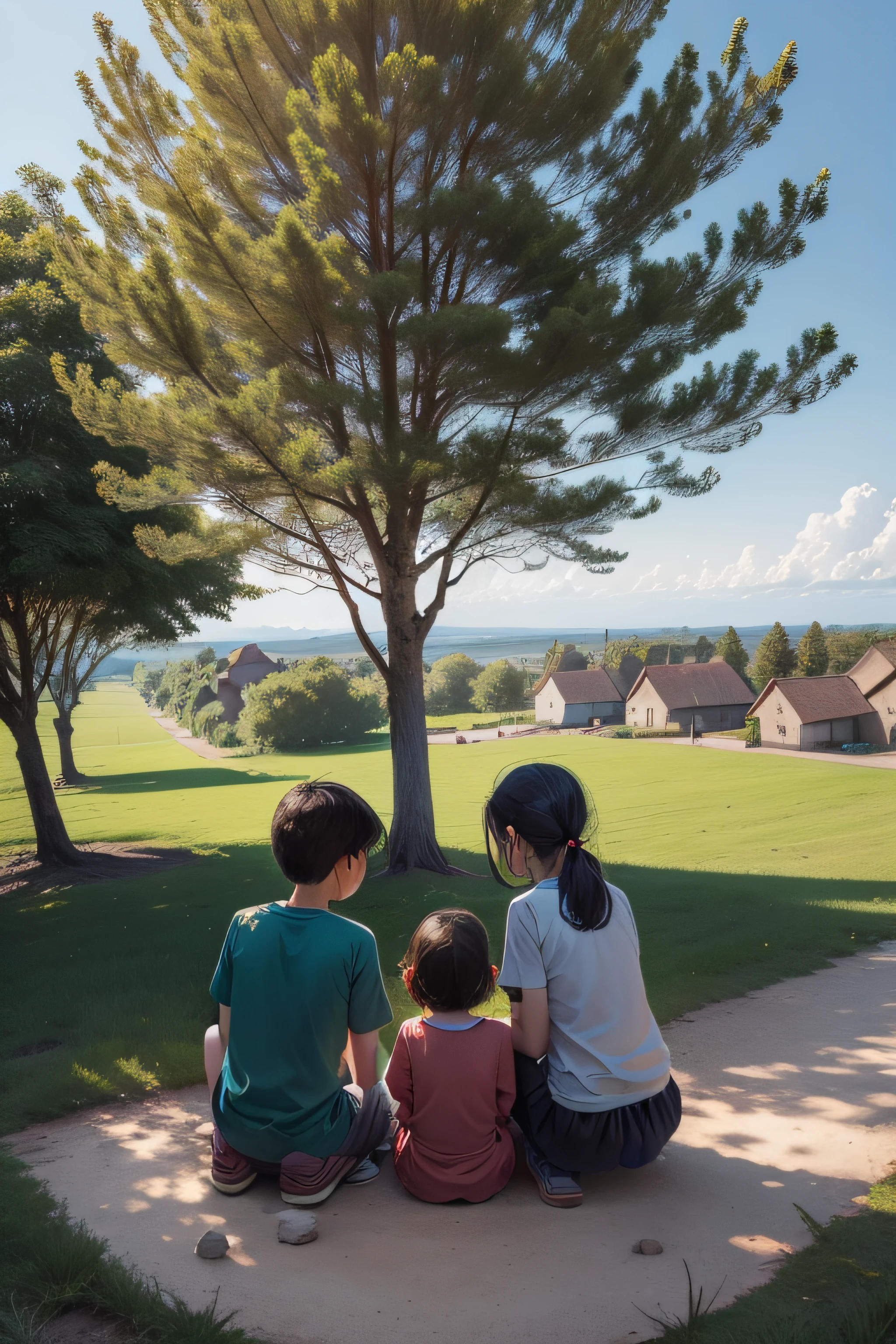 Three children sitting under a tree. In the background, a village can be seen.
