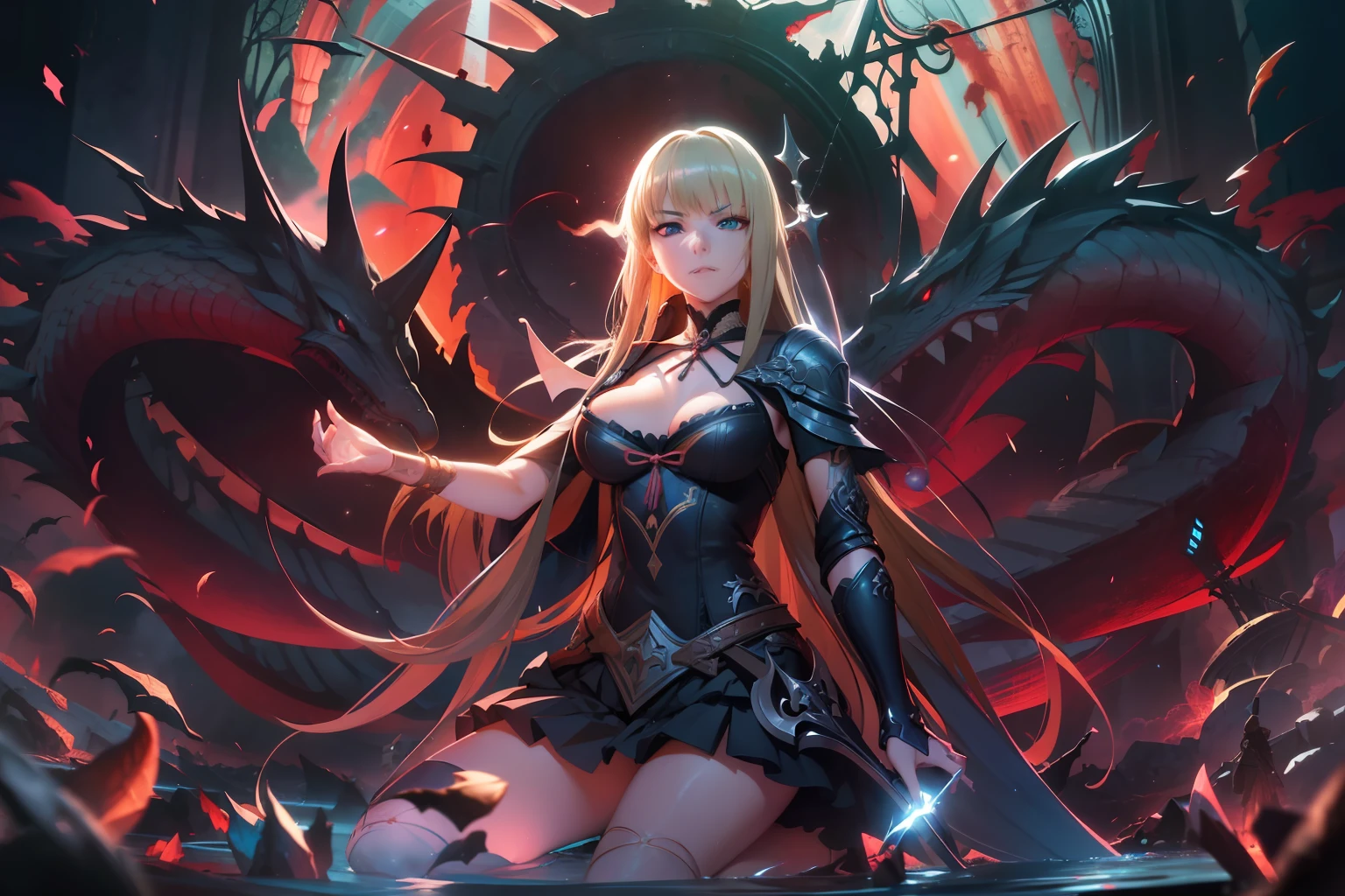 anime girl with sword and dragon in background, anime fantasy artwork, anime fantasy illustration, badass anime 8 k, anime art wallpaper 4 k, anime art wallpaper 4k, 2. 5 d cgi anime fantasy artwork, anime art wallpaper 8 k, detailed digital anime art, beautiful fantasy anime, anime epic artwork, 4k anime wallpaper, detailed anime artwork, sexy, sexy, big boobs, women, A queen is sitting on a throne in the underwater palace, anime style , dragon girl, amor dragon, blade dragon, dragon wings , (masterpiece, best quality, ultra-detailed, best shadow), (detailed background,dark fantasy), (beautiful detailed face), high contrast, (best illumination, an extremely delicate and beautiful), ((cinematic light)), colorful, hyper detail, dramatic light, intricate details, (1 girl, solo, sharp face, . Blonde hair,super long hair, thin bangs hime cut, long lashes,dynamic angle), blood splatter, swirling black light around the character, depth of field,black light particles,(broken glass),magic circle