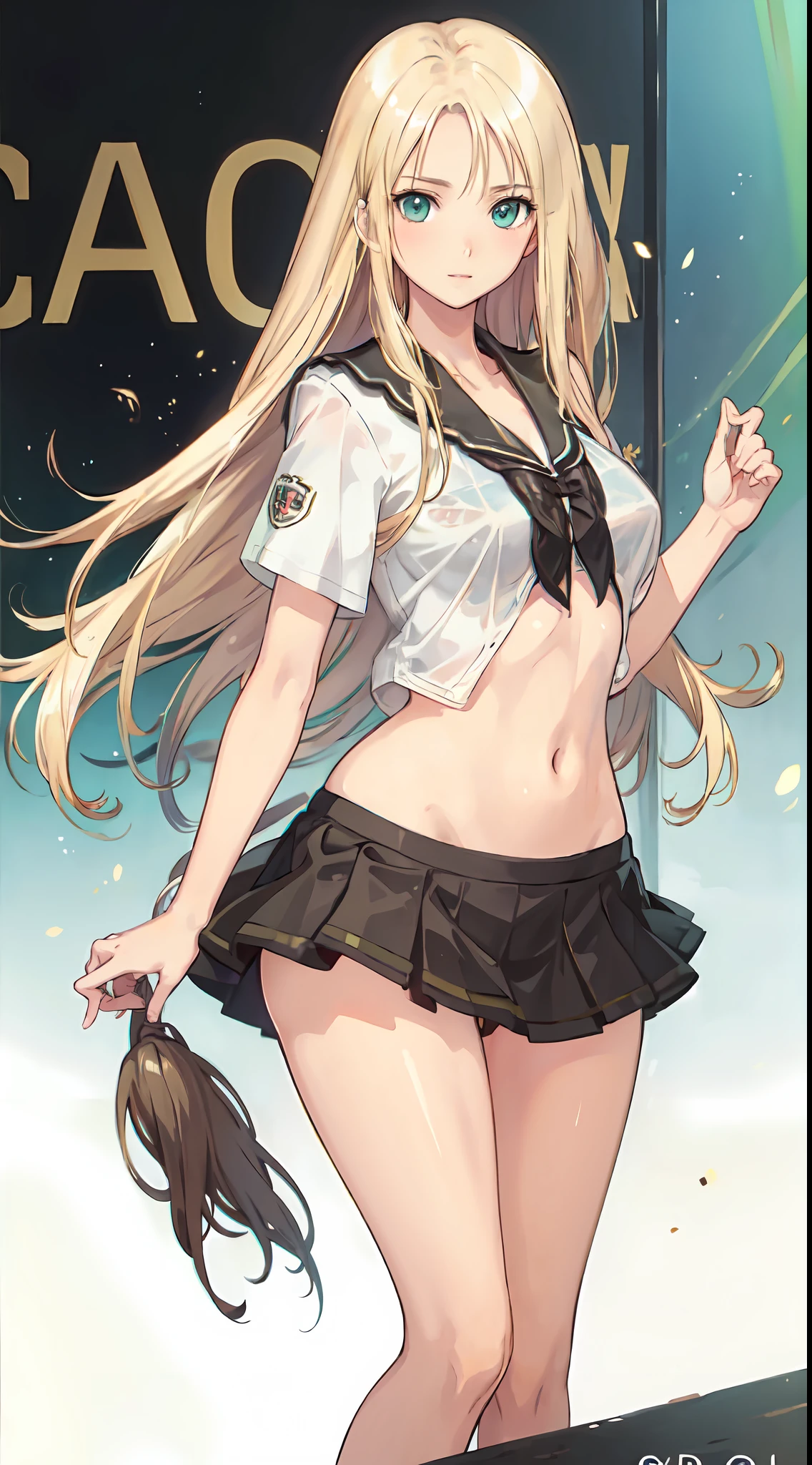 blonde hair, long hair, green eyes, happy, school uniform, short skirt, medium breast, cleavage, classroom, slim legs, navel, open clothes