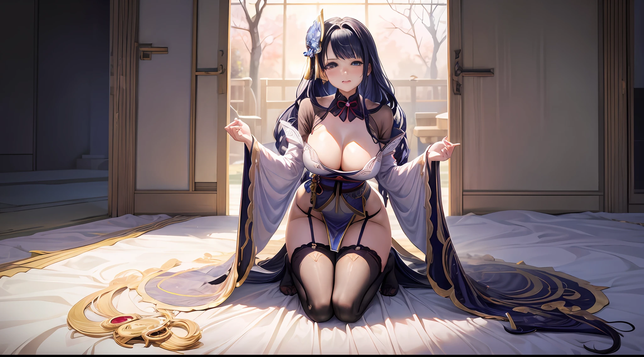 （Enrich the picture，Masterpiece level quality）Beautiful 8K CG artwork，Goddess-like posture，Kneeling exercise，Slim and soft，Translucent skin，Black hair、The beauty of extra-long hair, Super Long Straight Hair，The skin is fair and juicy，Underwear uniforms，Perspective Part 1.2x enhanced silhouette effect，Exquisite transparent blues pattern in pajamas，The details are intricate and exquisite，The background is slightly blurred，Charming and lustful leg seduction，Drool，Extra-large big breasts，Blush，Japan goddess，Perfect body slim curves，chiffon dress，