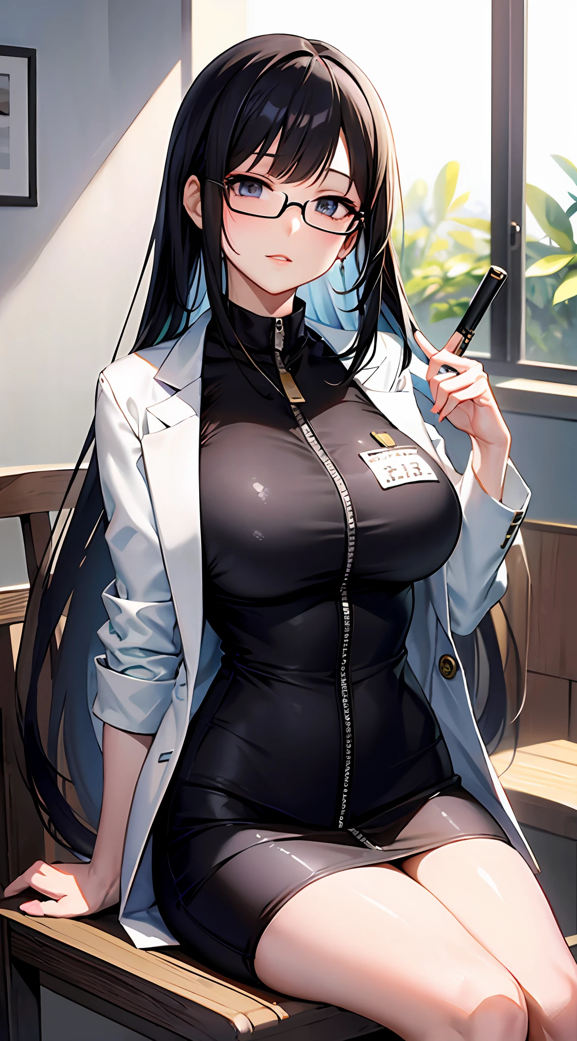 Anime woman with long black hair and glasses sitting in a chair, anime moe artstyle, Maya Fey, da Ace Advogado, hinata hyuga, vestindo jaleco e blusa, com jaleco, wearing lab coat and glasses, Marin Kitagawa Fanart, Roupas do Professor, (medic), anime sedutora, mami, Spy X Family, Personagem de anime feminino, menina atraente, decote, peitos gigantesco